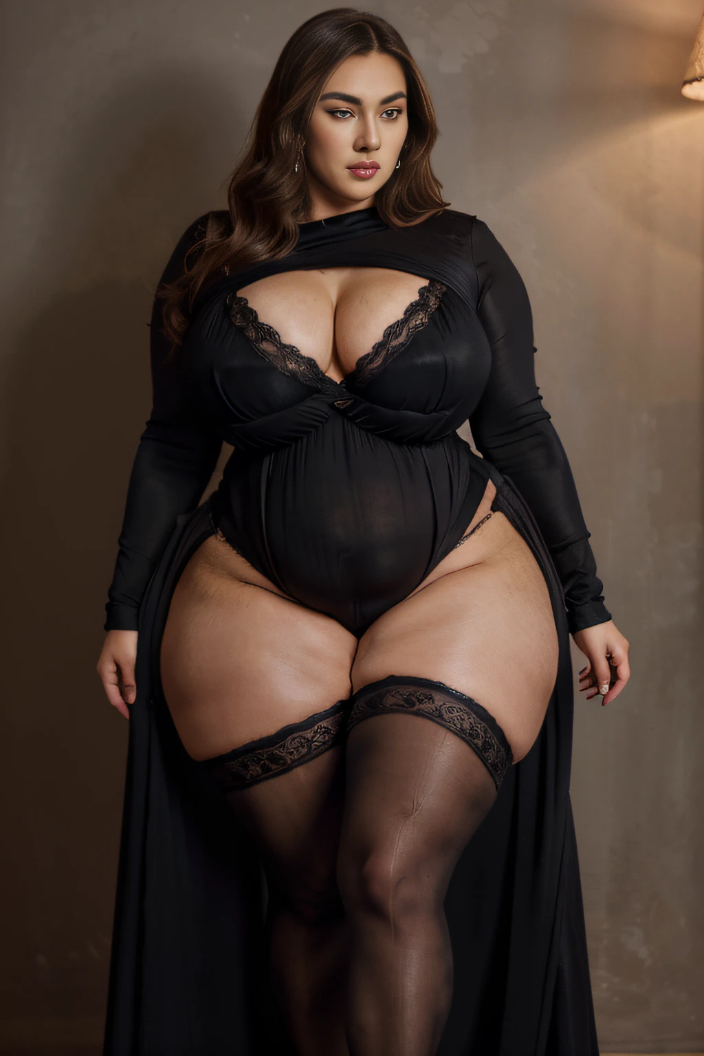 Making a woman in her 50s, (makeups:1.7), Pregnant women, very plump body, Voluptuous body, plus size woman, alluring plus sized model, very sagging chest(breastsout:1.6), (buttock:1.5), (thighs thighs thighs thighs:1.8), bule, platinum-blonde, Woman in black long-stay and high heels posing for photo, sexy gown, Long luxury gown, fantasy long intricate gown, Black Gown, Ombre fishnet tights gown, Full length view, The whole picture, full - length view, long gown, dressed beautiful gown, alluring plus sized model, romantic gown, flowing black gown,