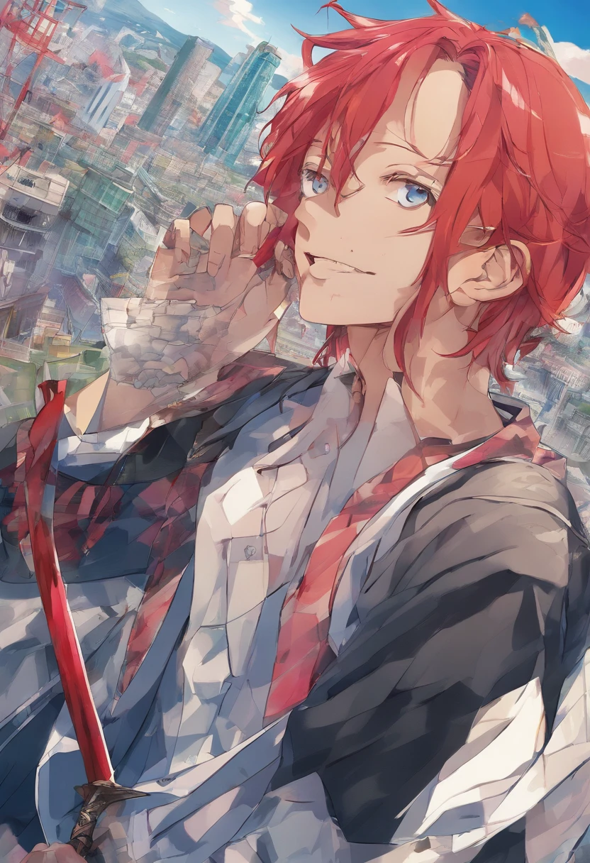1 boy, wanostyle, (red hair), bright blue eyes, pointy ears, looking forwards, sword in hand pointed at camera, destroyed town in background, manga illustration, artsy, colorful, gritty, bloody, fully clothed, (closed checker pattern shirt), ((sharp eyes)), hero, sharp features, lanky, flat chin, long neck ((rigid hair)), (high quality), ((Drawn in the style of One Piece by Eichiro Oda))