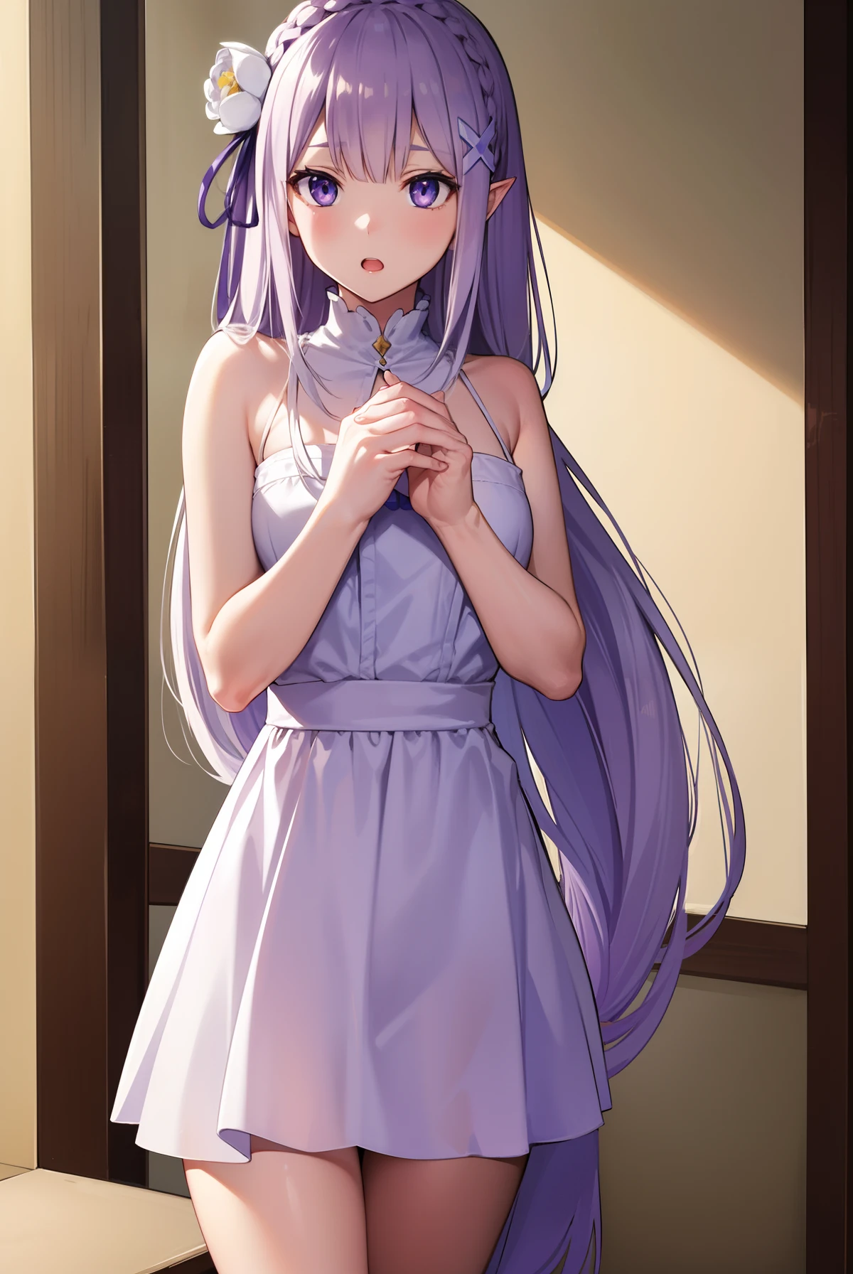 rezeroemilia, emilia, braid, crown braid, flower, hair flower, hair ornament, hair ribbon, long hair, low-tied long hair, (purple eyes:1.2), pointy ears, white flower, x hair ornament, open mouth,
BREAK Bath
BREAK looking at viewer, (cowboy shot:1.5),
BREAK (masterpiece:1.2), best quality, high resolution, unity 8k wallpaper, (illustration:0.8), (beautiful detailed eyes:1.6), extremely detailed face, perfect lighting, extremely detailed CG, (perfect hands, perfect anatomy),