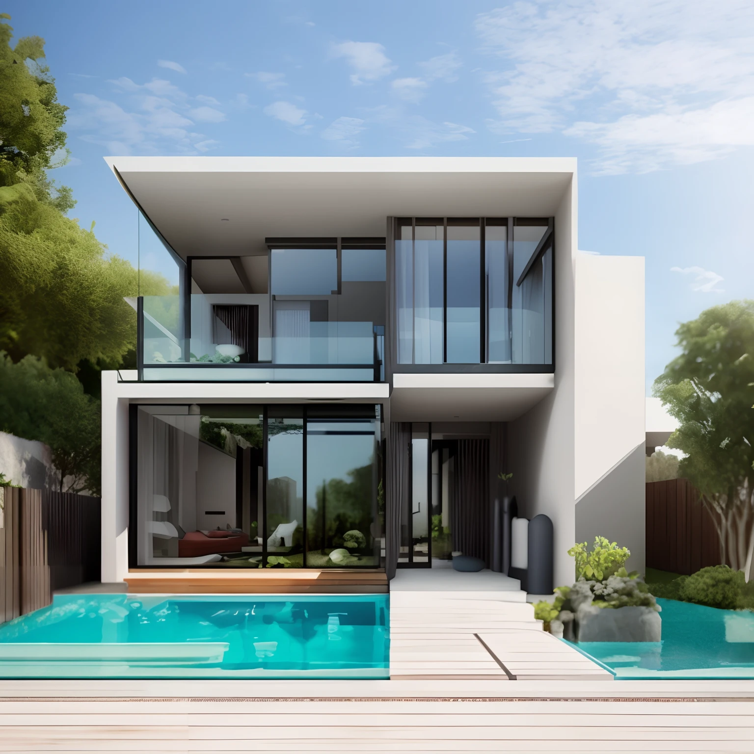 A rendering of a modern house with a pool and deck - SeaArt AI