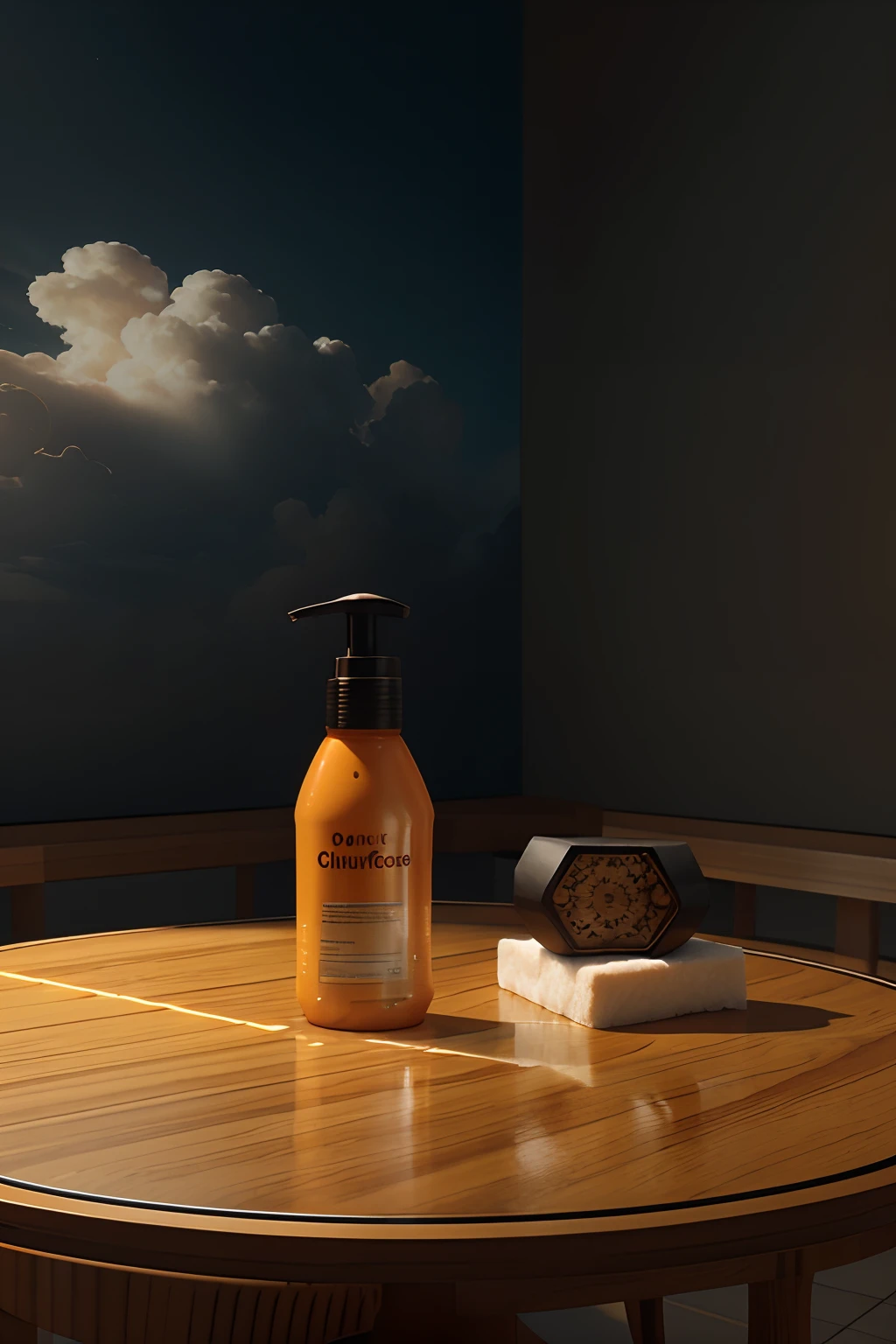 There is an orange good-looking shampoo,On a round table,There are clouds around,The main body is shampoo,vray caustics, volumetric lighting caustics, 3 d fluid simulation render,Product rendering