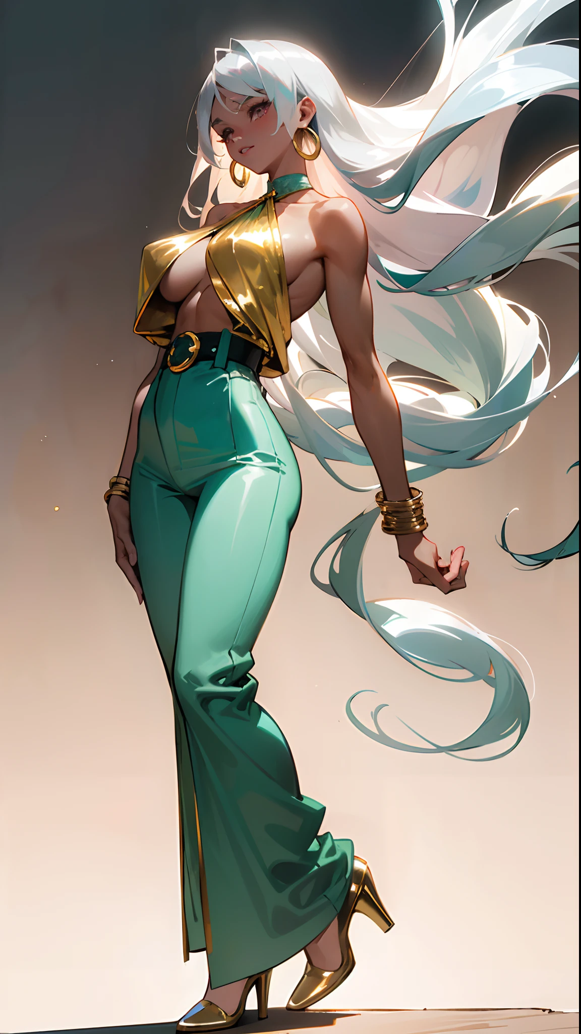 (masterpiece, best quality )detailed, 1Character , pastel washed out colors , cell shade , soft, muted shades ,gentle colors , blue archive art style
She wears a form-fitting, deep V-neck, sequined halter top in shimmering gold, The top features cascading fringe, high-waisted, wide-legged pants made of glistening satin in a bold shade of emerald green, metallic platform shoes with chunky heels, oversized gold hoop earrings, a collection of bangles, and a golden belt cinching her waist,
Beautiful woman, extremely long hair , ((silver hair:1.3)) , wavy hair, ((very large chest:1)) , full lips , pink iris , fit body , ((brown skin:1.3)), ((dark skin:1)), has striking long, white hair that flows down to her mid-back, strong and determined facial structure, light pink eyes , eyebrows are thin and arched, powerful and athletic build, She is notably tall and statuesque, well-defined muscles, age 33