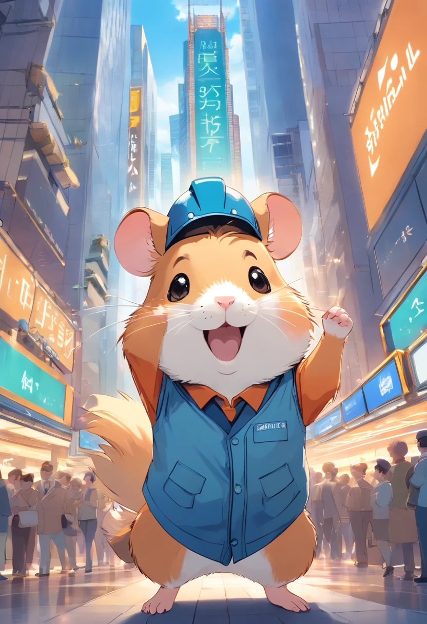 Happy hamster, Hold the instrument, Hard hat on the head, Trading on the stock exchange,frontage,Blue tooling