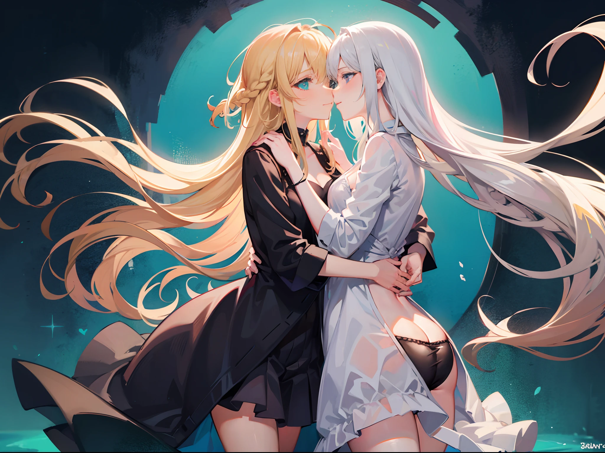 18-year-old blonde, Turquoise eyes, long-haired,Braid left and right, Black Underwear .Kiss someone else.....With a slightly smiling face...............