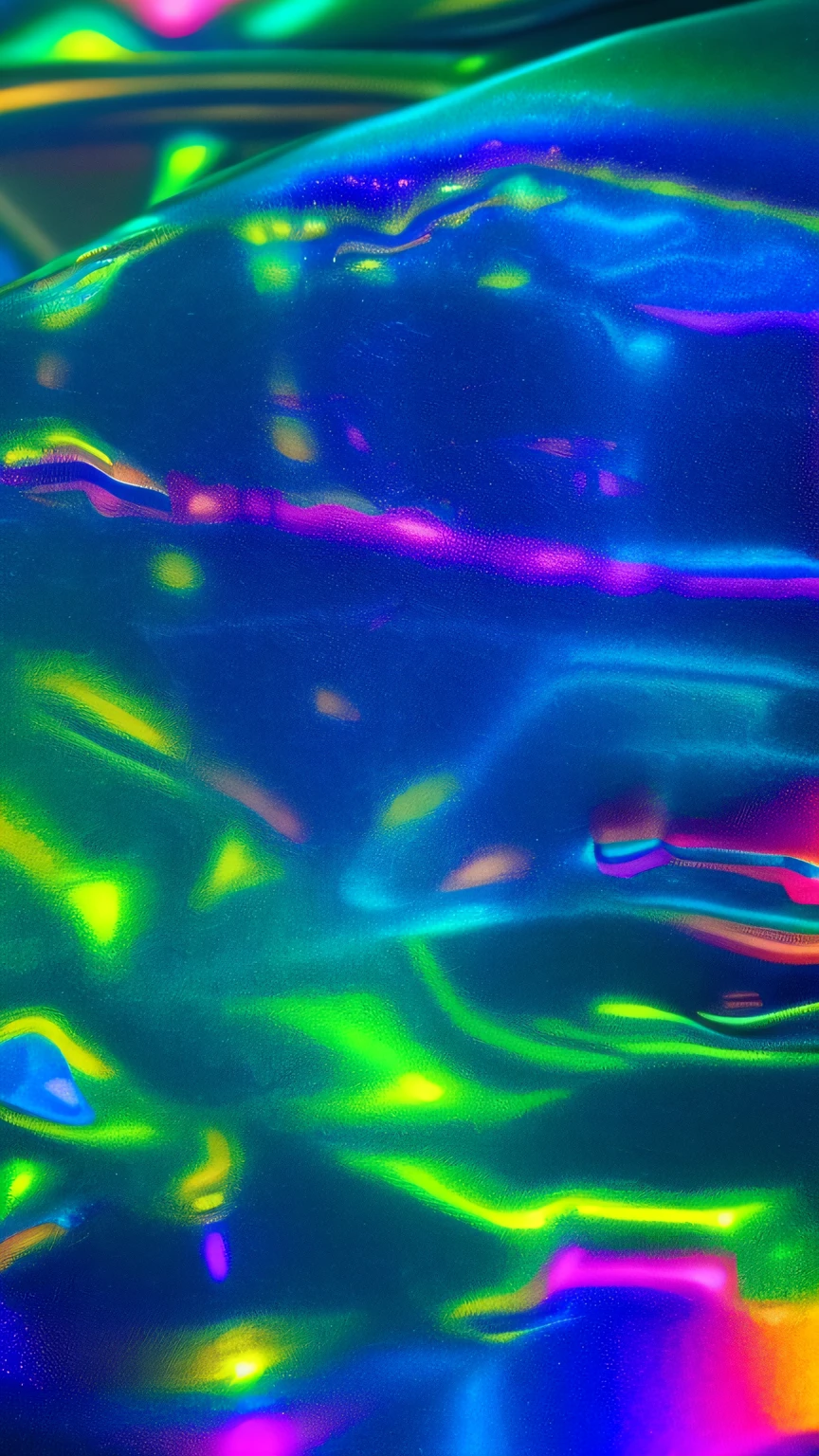 Close-up of rainbow-colored light shining on a surface, iridescent texture, holographic texture, holographic material, soft iridescent membranes, Hologram effect, slightly holographic, holograph, holographic plastic, iridescent membranes, Rainbow fabric, made of holographic texture, iridescent skin, holograph!!!
