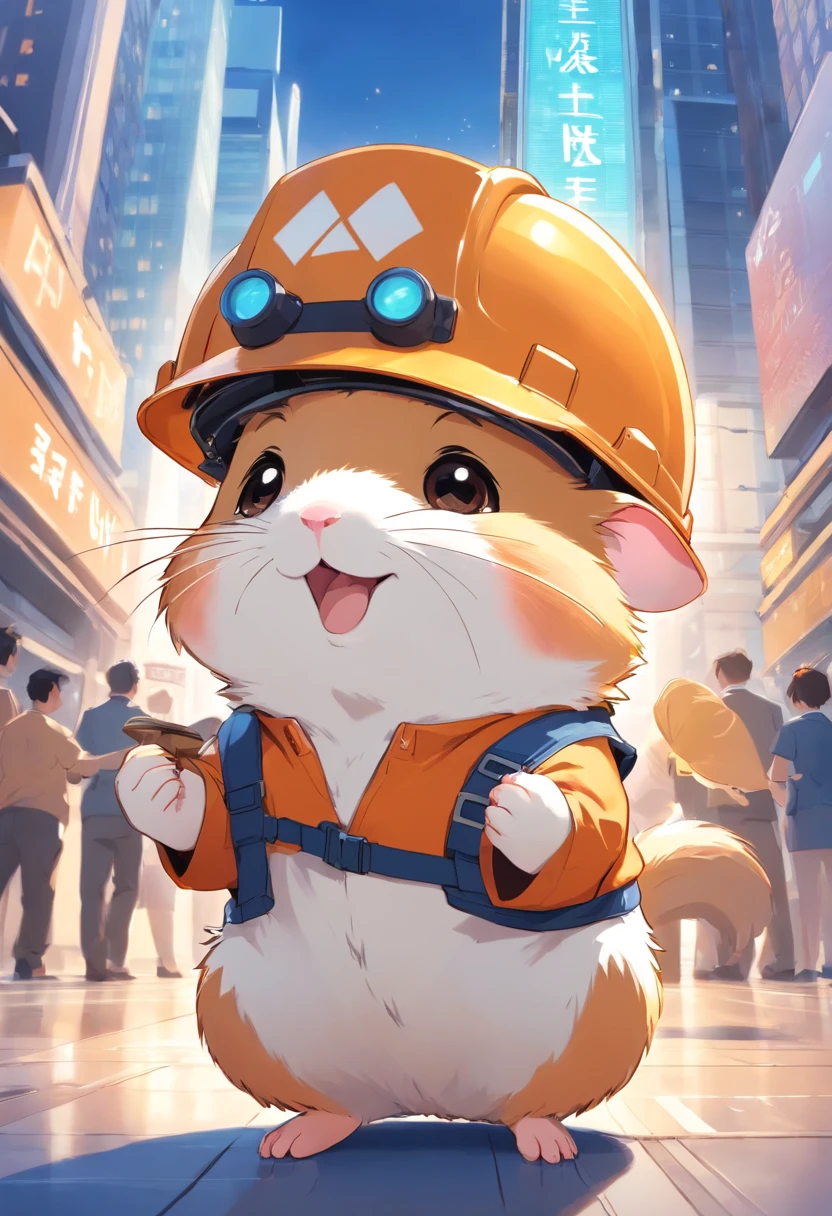 Happy hamster, Hold the instrument, Hard hat on the head, Trading on the stock exchange,frontage,Blue tooling