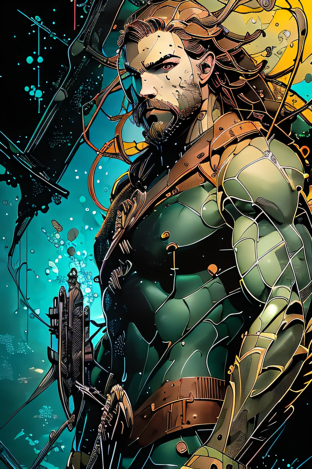 nvinkpunk, ((Aquaman))), masterpiece, best quality, ((detailed face)), short messy hair, tanned, bright eyes, ((award winning)), (High Detail), Sharp, 8k, trending on artstation, intricate, muscle body.