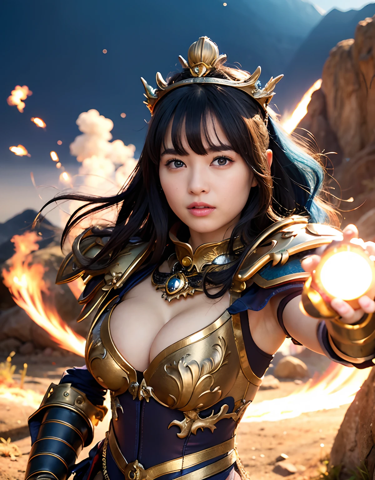 Professional , ​masterpiece、top-quality、photos realistic , 、top-quality、超A high resolution、(Photorealsitic:1.4)、Raw photo、depth of fields （Gemstone Gold Metal Body:1.9),(Matte White、Toostock、cleavage of the breast、（cleavage of the breast）、（Detailed Dragon Armor）、（Have the strongest weapon）、（(Random Hairstyles 1.6),Dark Fantasy,）explosions、intense fighting、（Precipitous cliffs),Dragon Gold Weapon,Mystical expression、Particles of light、Fight dragons、（Detailed Dragon Helmet),Gorgeous Silver Weapons ,（（ Dragon's dense and gorgeous sword）） , Beautiful knife   ,warhammer 40k ,Detail and gorgeous crown、（（Blue hair））、（Castle background）、、（（Gangle's forest background））、Beautiful Caucasian beauty、１a person、dynamic ungle,((()))、Smaller head、A smile、Castle background、Thin and beautiful female hands、cleavage of the breast、Soldier in iron armor on background、Mystical expression、Light Effects、intense fighting、Wind-effect、magic circles、With the legendary magic wand、（demonic wings）、Toostock、