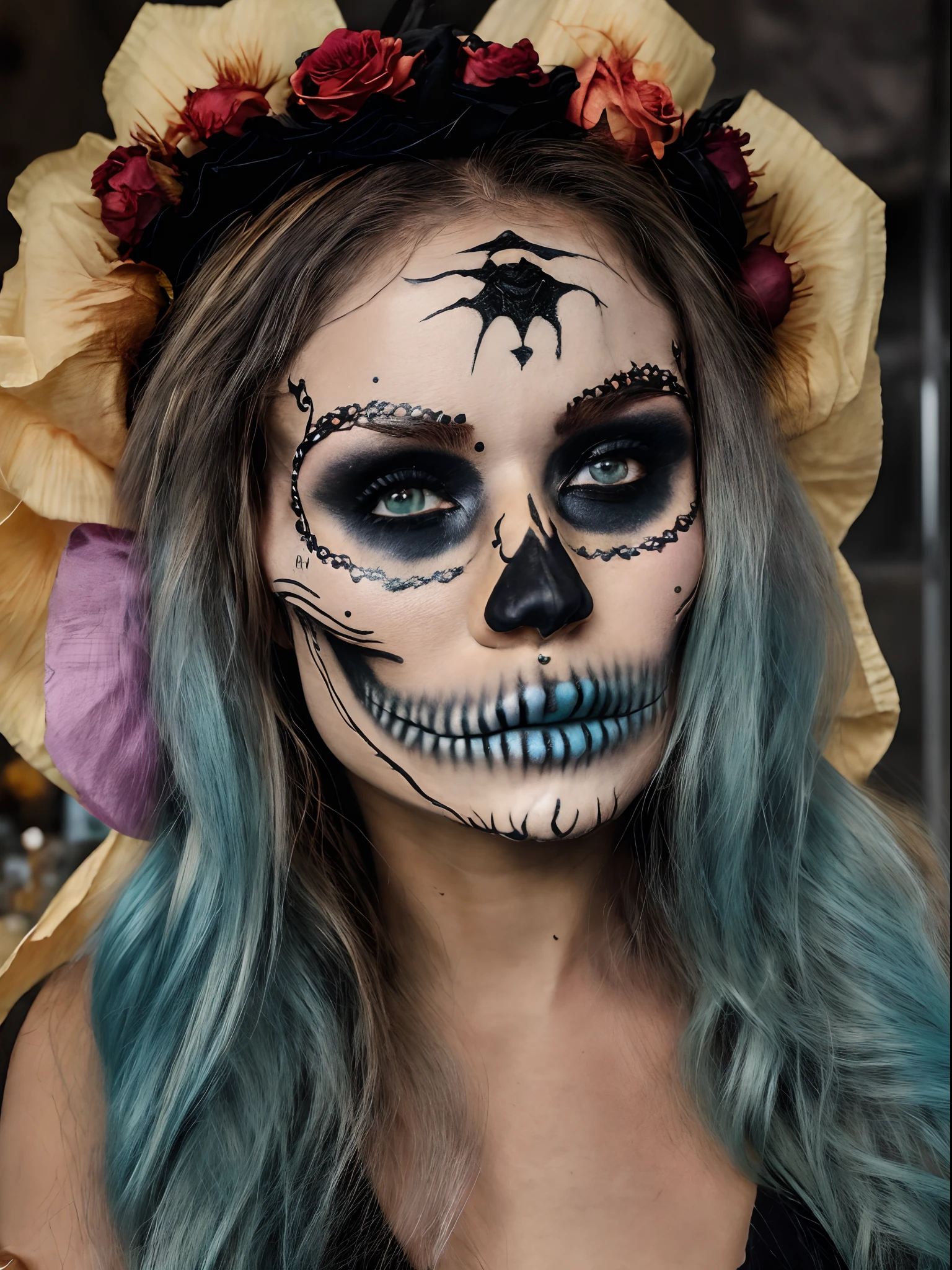 RAW photo, 1girl,La mejor calidad:1.4, fotorrealista:1.4, textura de la piel:1.4, obra maestra:1.8,Beautiful Woman with Pink Day Sugar Skull Death Makeup, lindo,Day of the Dead Mexico,(Skull Cemetery Fund:1.4),( detailed:1.4),( cabello largo azul:1.4),(manos:1.5),(vestido corto negro:1.4), (corona de rosas:1.4),catrina:1.4,8k, (intricate details:0.9), (hdr, hyperdetailed:1.2)