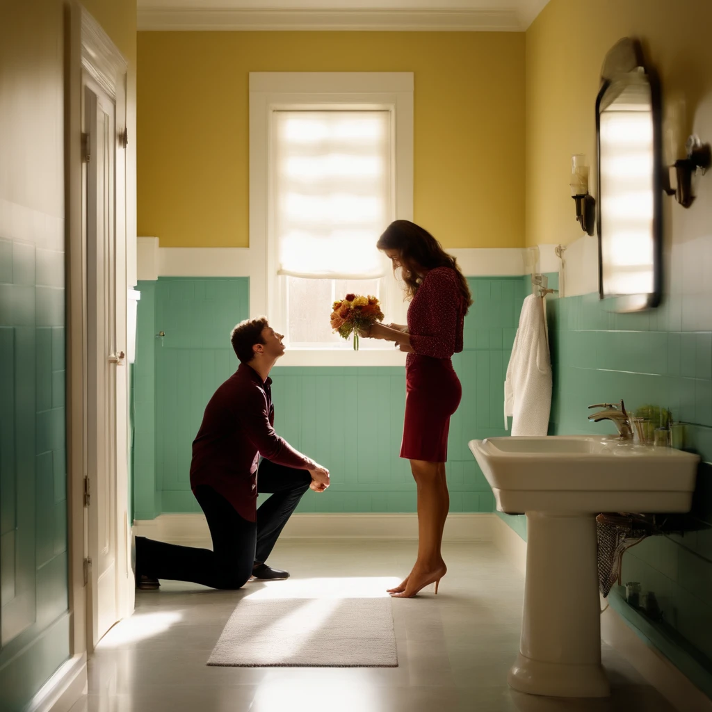 A college-aged boy standing on his knees and a mature woman in her 40s kneeling facing each other in the bathroom.