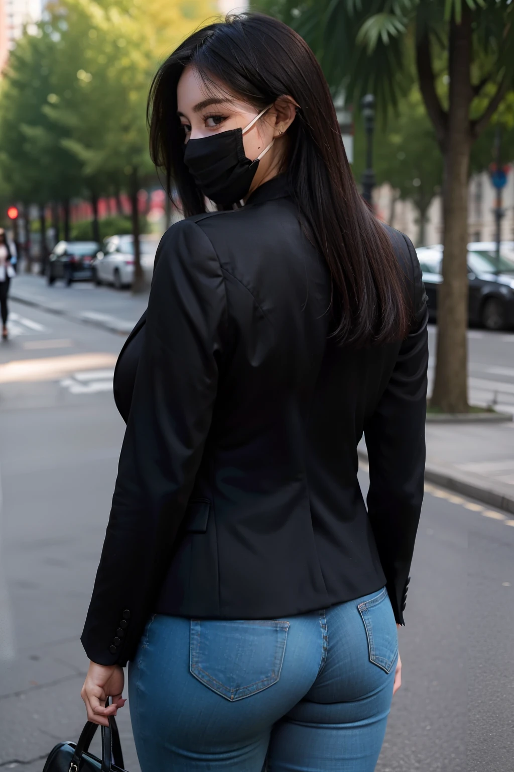 wear tight jeans,Tall guy,Beige silk blazer,Plump buttocks,Full breasts,The back is charming,Wearing a black mask,In Park