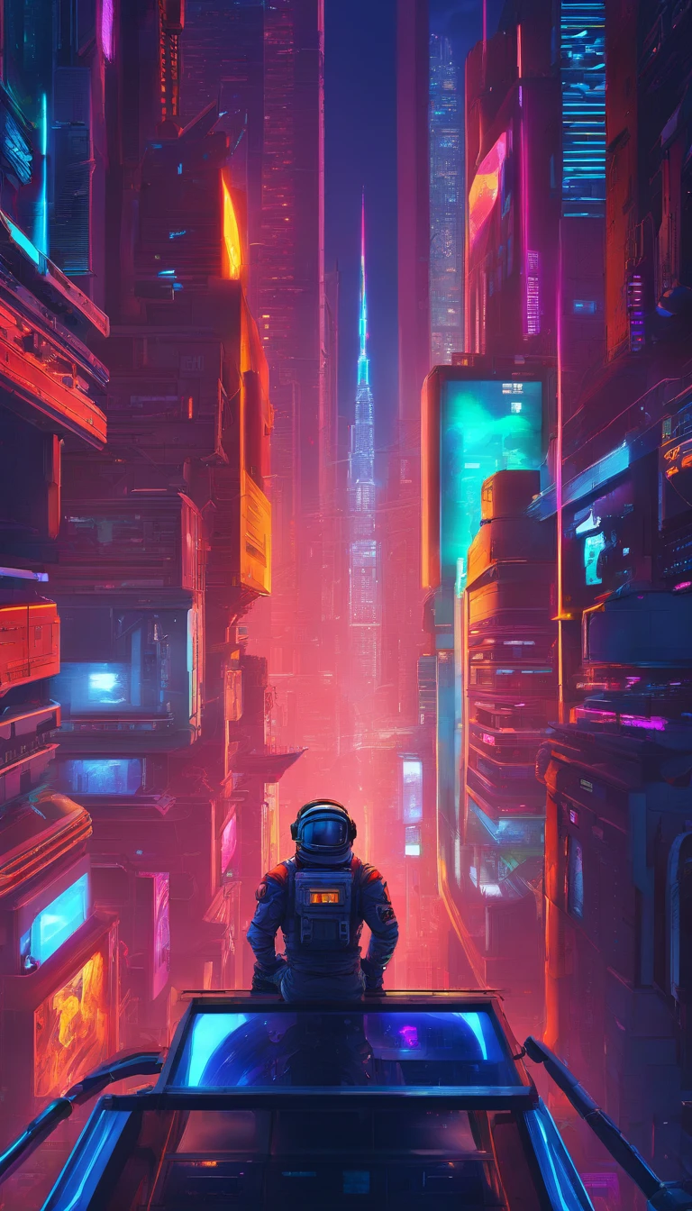 The astronaut looks out the spacecraft window,Large area of windows,Blue tones inside the spacecraft,neonlight,City view from the window