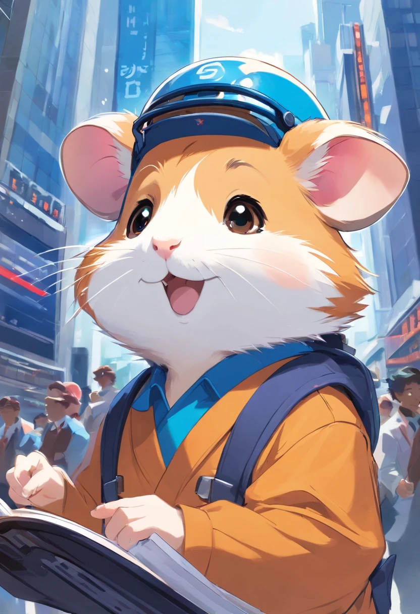 Happy hamster, Hold the instrument, Hard hat on the head, Trading on the stock exchange,frontage,Blue tooling,head portrait
