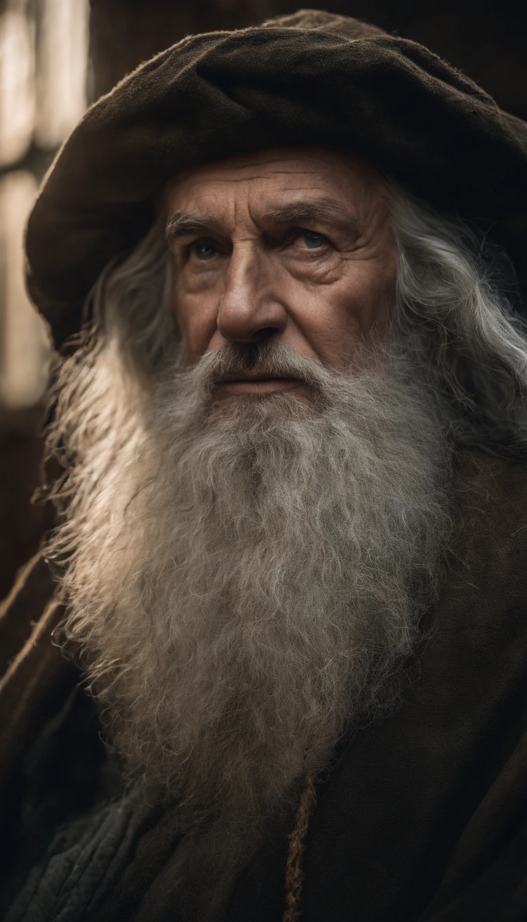 A portrait of a wizard, bearded, wrinkled, weathered, with piercing eyes, detailed face, high details, photography, natural light, Nikon D850, 50mm, f/1.4