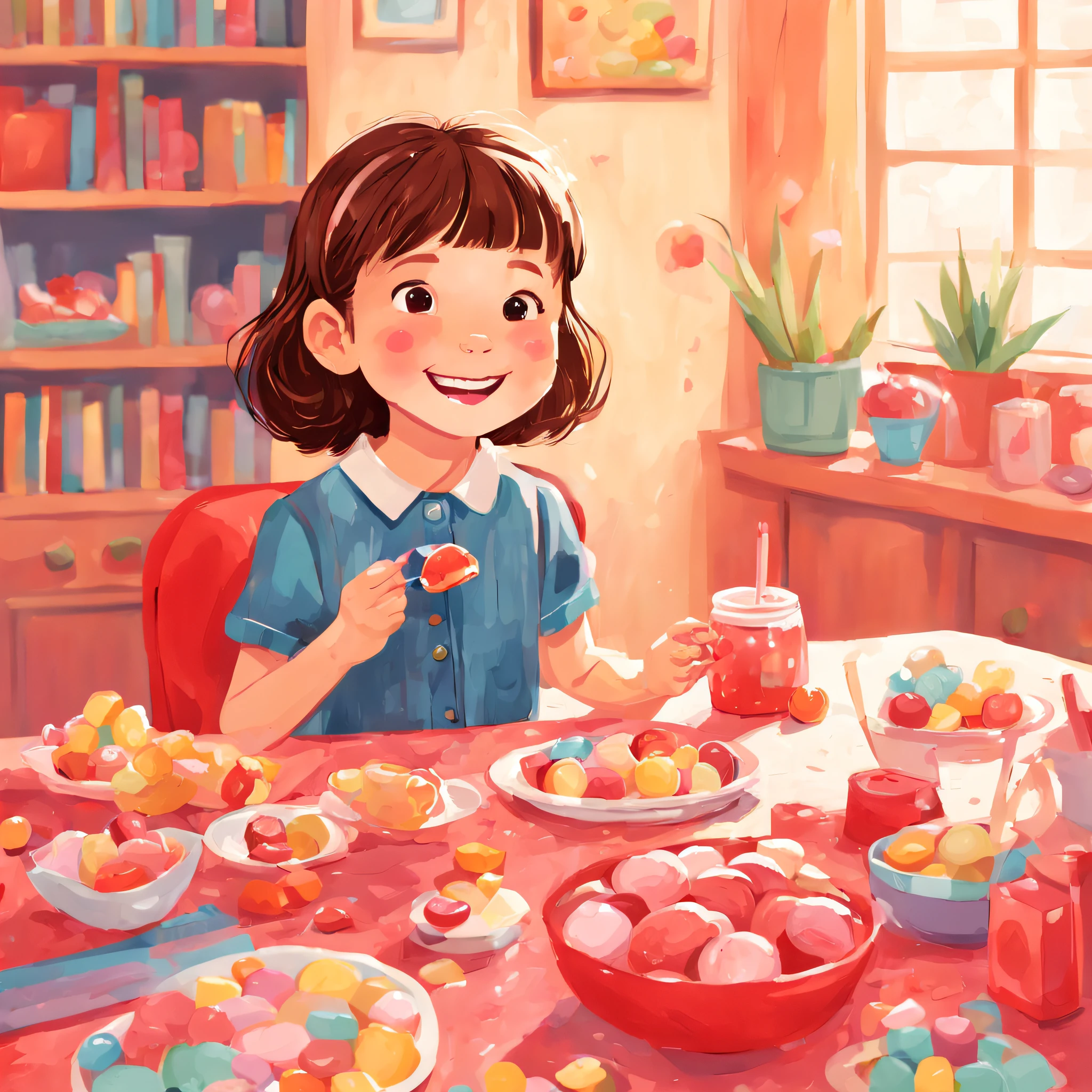 Illustration of educational children's books, Primary color palette, A cute 8 year old girl eating candy，A smile of happiness and contentment，The background is indoors，There was a lot of sweets on the table，児童書, Children's Red Model,