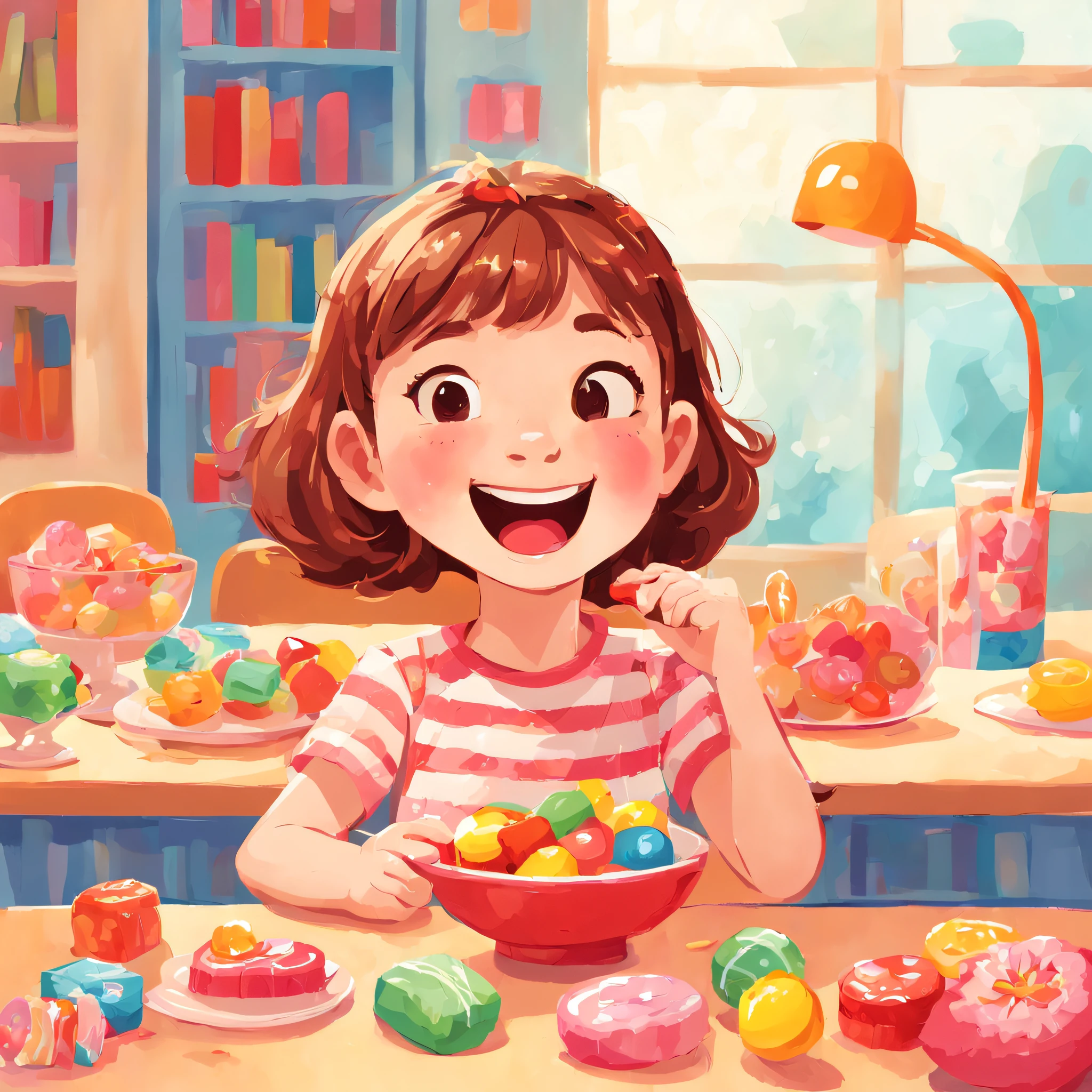 Illustration of educational children's books, Primary color palette, A cute 8  girl eating candy，A smile of happiness and contentment，The background is indoors，There was a lot of sweets on the table，児童書, Children's Red Model,