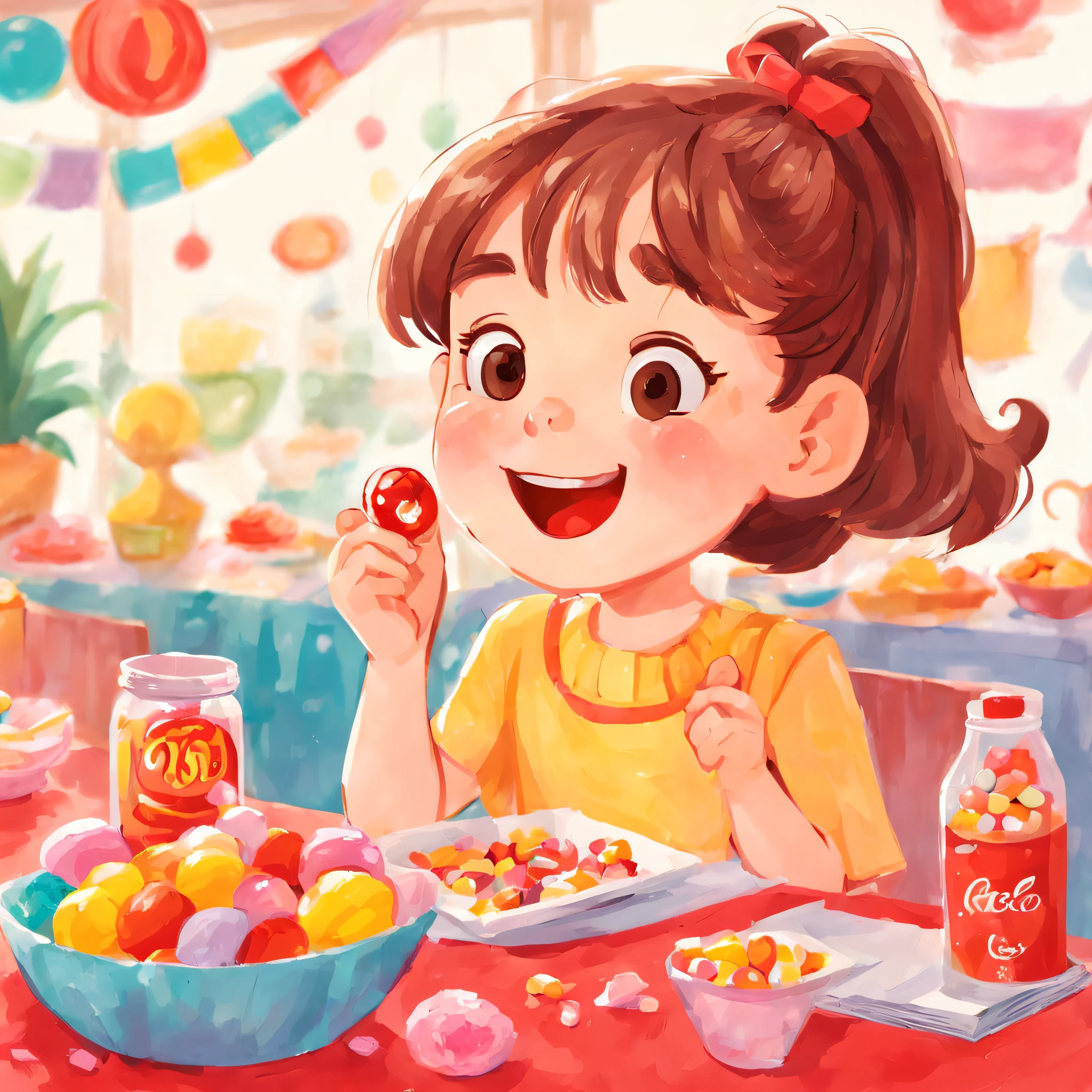 Illustration of educational children's books, Primary color palette, A cute 8 ******** girl eating candy，A smile of happiness and contentment，The background is indoors，There was a lot of sweets on the table，児童書, Children's Red Model,