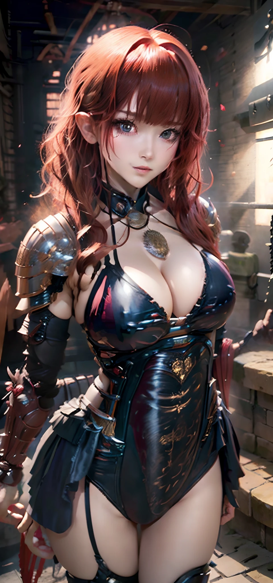 (( (tmasterpiece),(Very detailed CG Unity 8K wallpaper),best qualtiy,cinmatic lighting,细致背景,beatiful detailed eyes,Bright pupils,(Very fine and beautiful),(Beautiful and detailed eyes description),ultra - detailed,tmasterpiece,hight resolution)), Curly, ((Dressed in insanely sexy bikini armor:1.4)), Rose gold armor, Richly decorated armor, a beautiful woman warrior, Shorthair, red hairs, cleavage of the breast