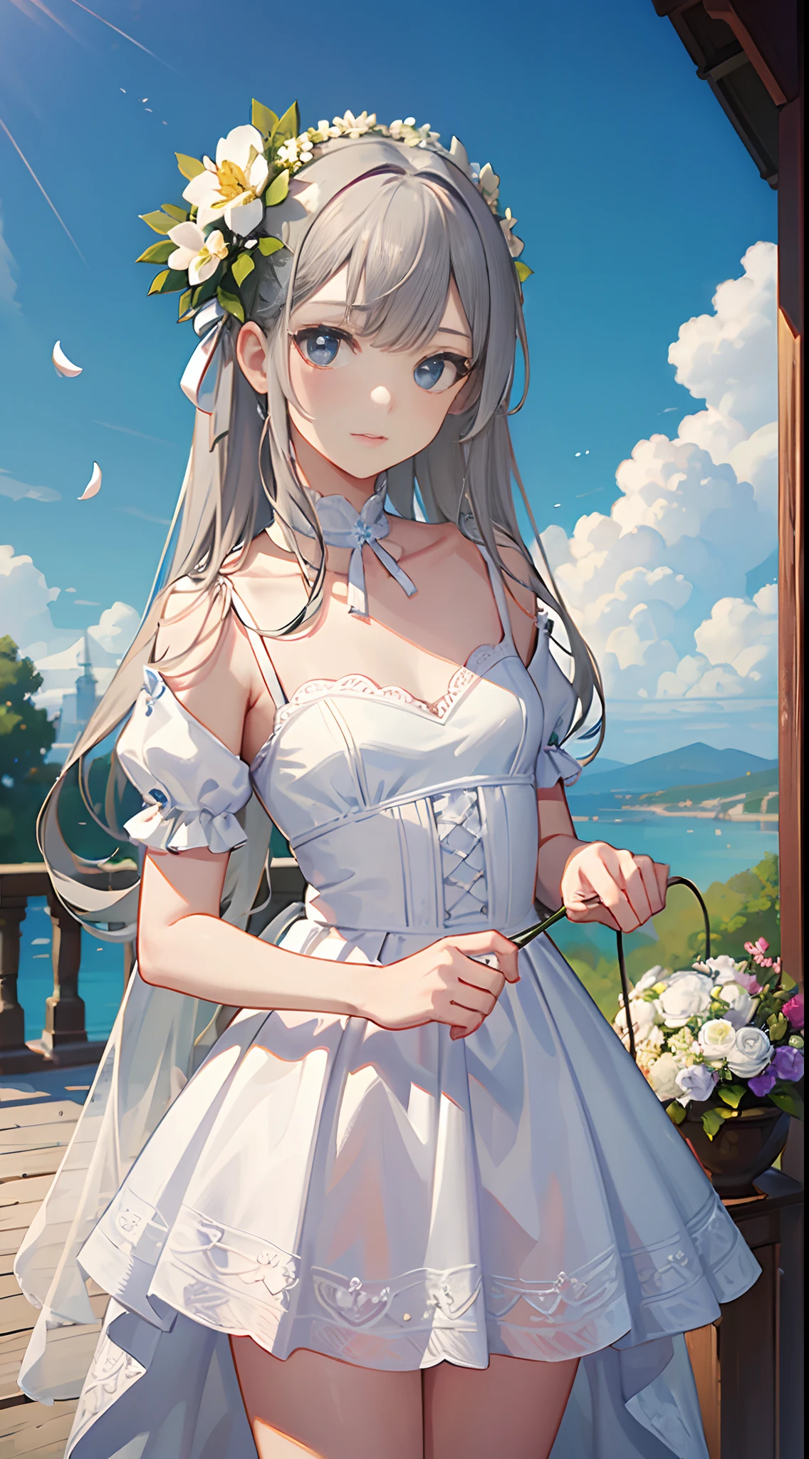 Anime girl in a white dress with a flower in her hair - SeaArt AI