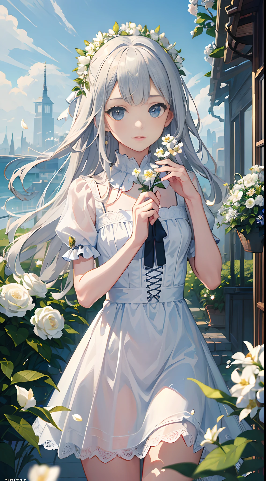 (masterpiece, best quality:1.6), white lace dress, cowboy shot, thighs, beautiful girl, (flowers, many small white petals:1.3), garden, blue sky, looking at viewer, small waist, official art, raw photo, incredibly absurdres, facelight, dynamic lighting, cinematic lighting, ultra realistic, highres, photography, sharp focus, highest detailed, extreme detailed, ultra detailed, finely detail, extremely detailed eyes and face