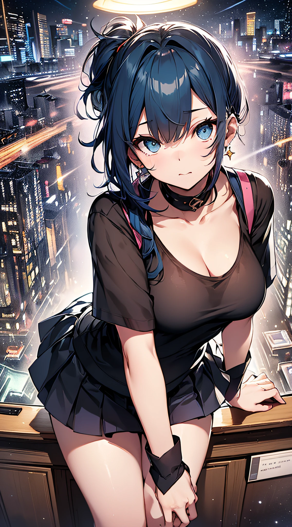 woman, yor briar, large breasts, black hair, earrings, white hairband, hairband, long hair, sidelocks, bare shoulders, collarbone, dress, long sleeves, off shoulder, off-shoulder dress, off-shoulder sweater, pantyhose, sweater, sweater dress, thighs, standing, (wetting herself:1.5), best quality, ultra-detailed, HDR, studio lighting, professional, vivid colors, sharp focus, bokeh, landscape, love hotel, bar counter, night, window, cityscape, colorful city, neon lights, futuristic, science fiction, soft lighting, dynamic shadows, (embarrassed:1.5), (humiliation:1.5), (blushing:1.5), (wavy mouth:1.75), (smile:1.5), nervous, (nervous smile:2.0), (sweating:2.0), facing viewer, (hands on hips:2.0)
