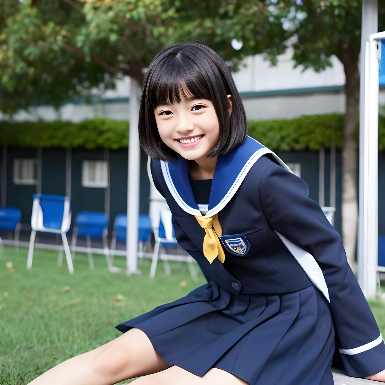 Classroom、hi-school girl、surrealistic、Dark blue uniform、a miniskirt、A smile、Black eyes、A dark-haired、Bob Hair、high-level image quality、cute little、