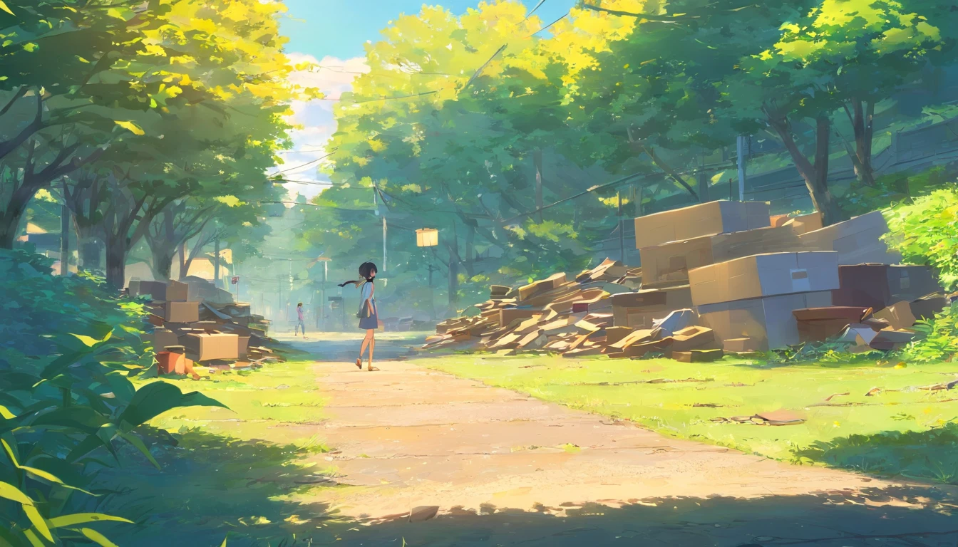 tmasterpiece,best qualtiy,schools,junkyard,The sun slowly tilts to the west,The dump is surrounded by lush bushes,Paper bags are scattered on the ground