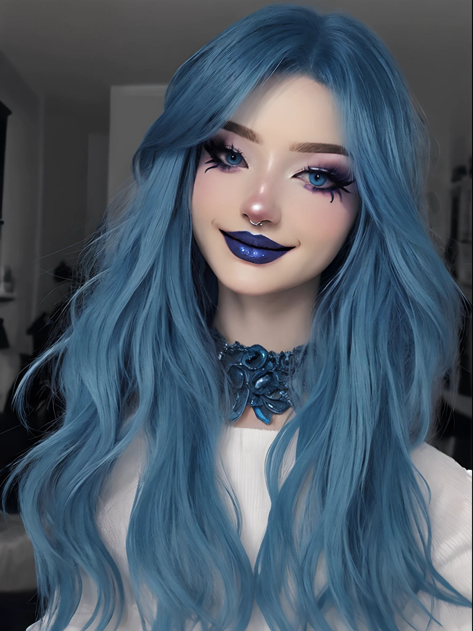 1girl,,egirlmakeup,smile,avatar \(ff14\),,egirlmakeup,long hair, blue hair,