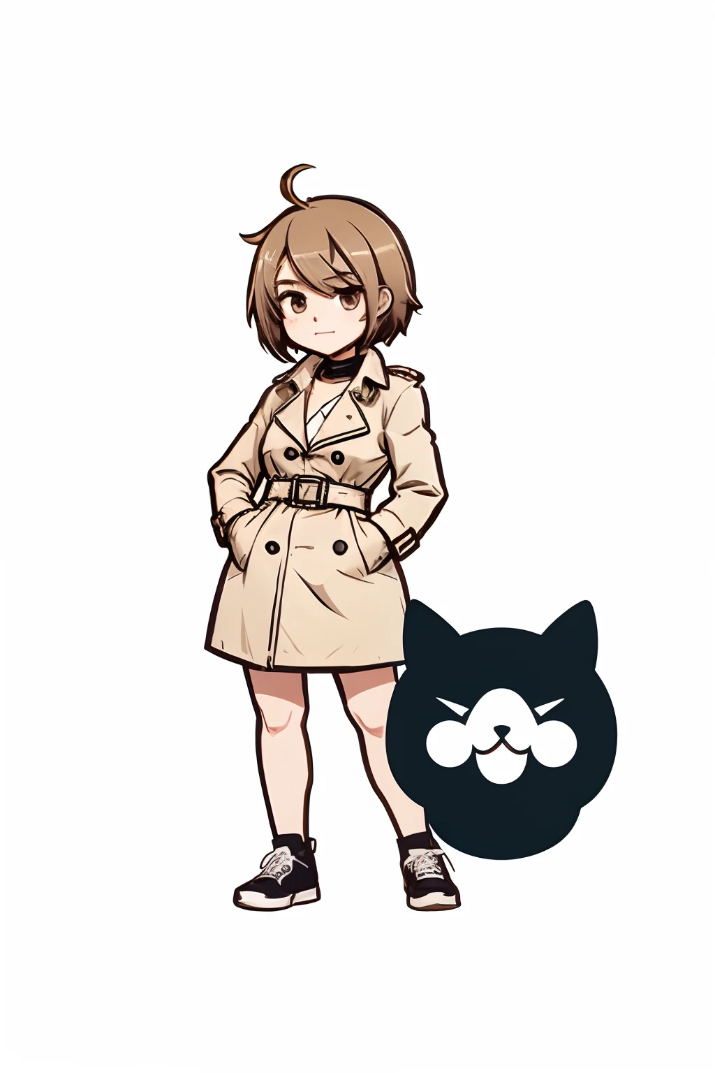 Role logo, Game character, Wearing a trench coat, Front, Simple lines, Simplified colors, White background, thick contours, Cartoon design style, Kawaii comics, Cartoon logo, Simple lines, Minimalism --niji 5 --ar 1:1 --c 0 --q 1 --stylistic expression