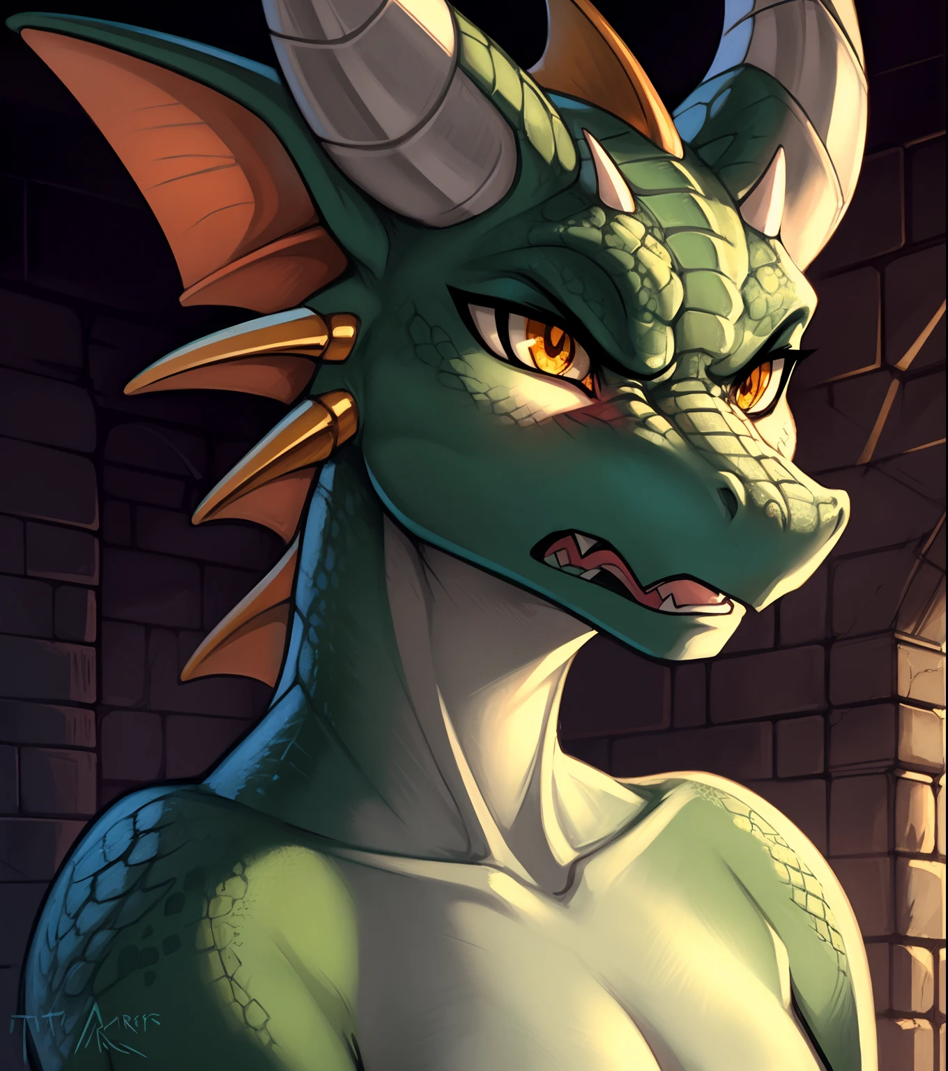 solo, scalie, kobold, headshot portrait, face focus, (angry, embarrassed:1.4), amber eyes, slim, mature, soft color, wavy mouth, pretty, woman, frills, muscle, portrait, feminine, detailed eyes, horns , green skin, scales, detailed lighting, dungeon, rim light, perspective, flat color, by zackary911, by hioshiru, by evilymasterful, by taran fiddler, hi res, 4k