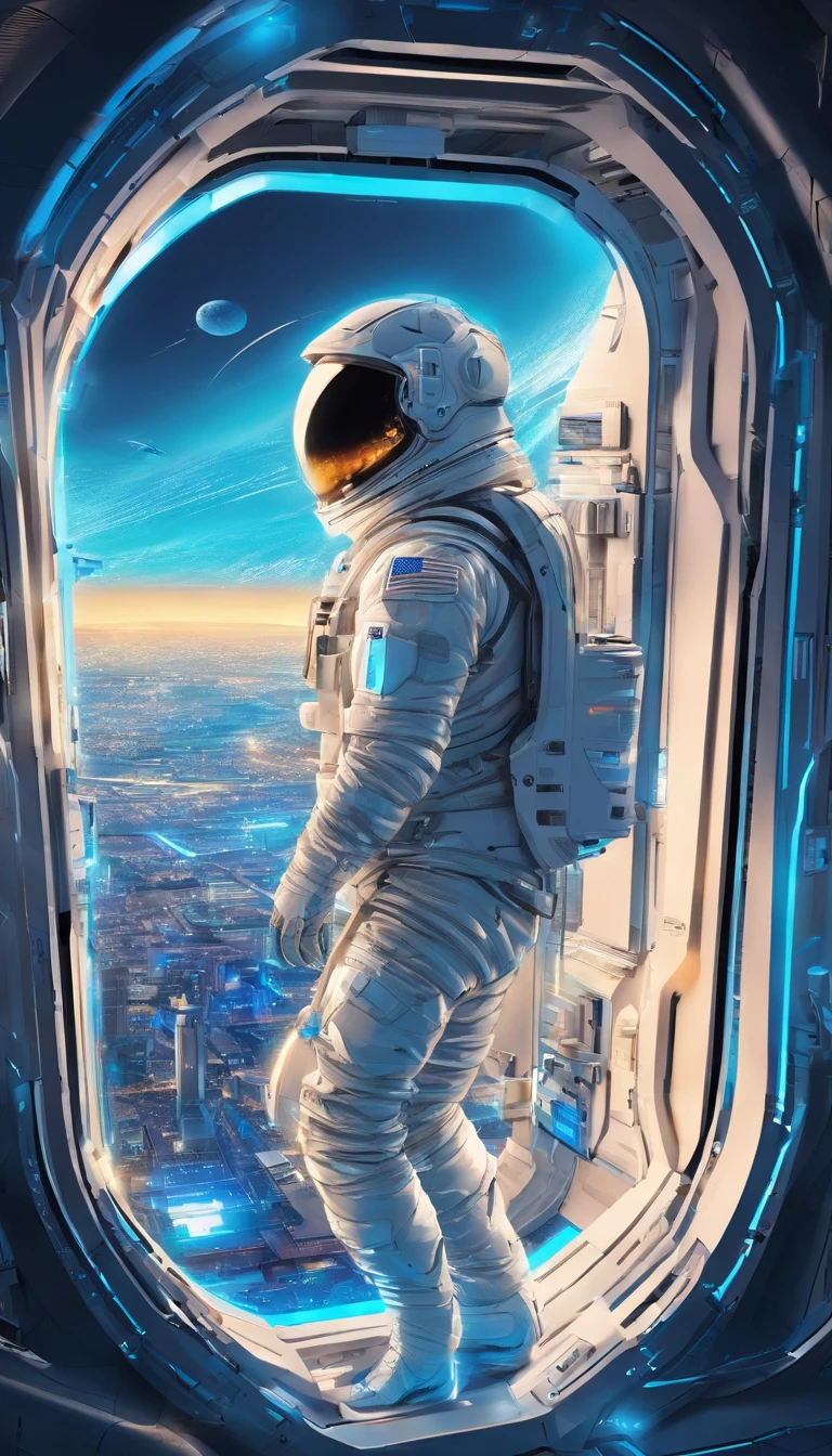 The astronaut looks out the spacecraft window，Large area of windows，Blue tones inside the spacecraft，neonlight，City view from the window