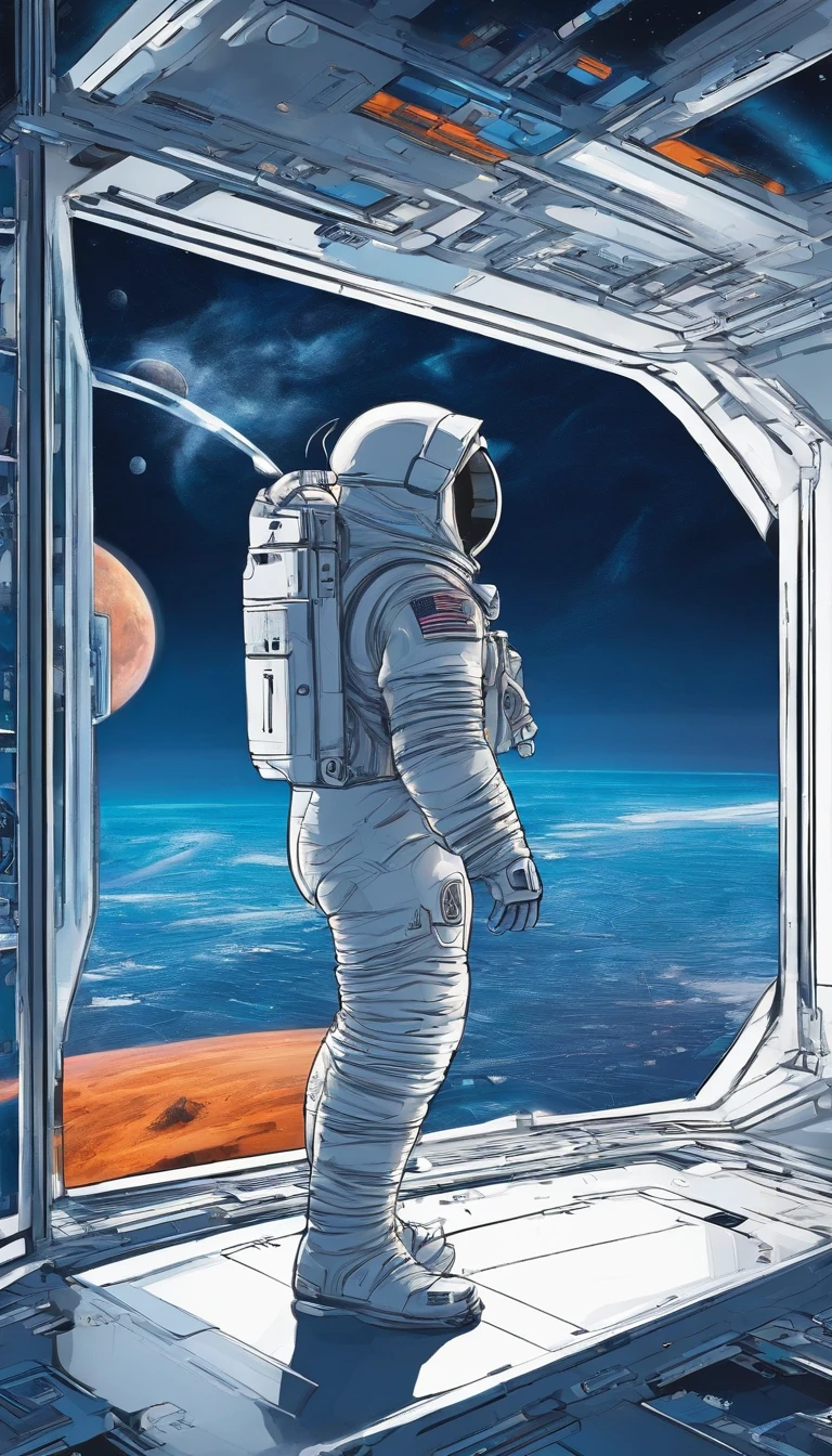 The astronaut looks out the spacecraft window,Large area of windows,Blue tones inside the spacecraft,neonlight,City view from the window