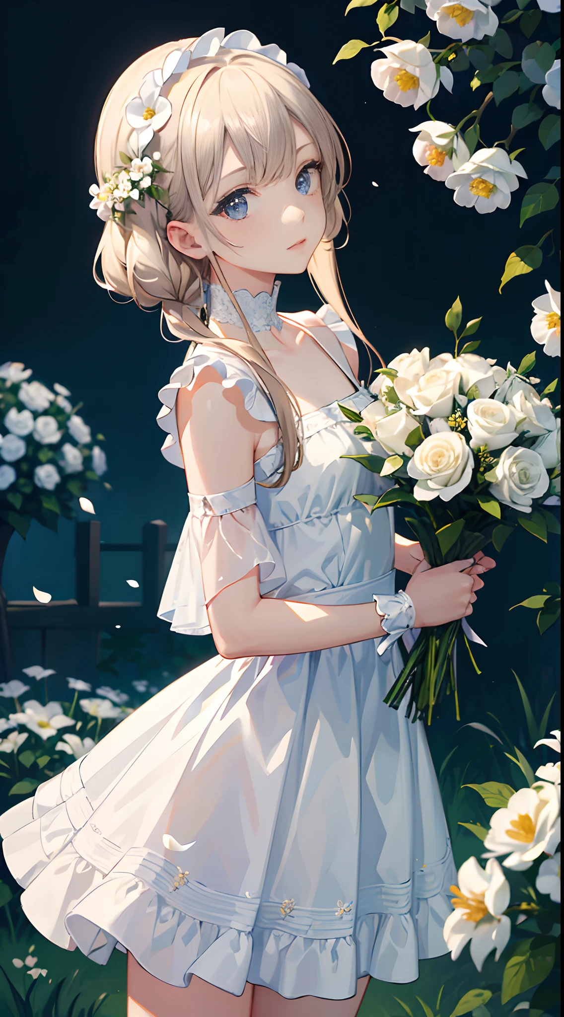 (masterpiece, best quality:1.6), white lace dress, cowboy shot, thighs, beautiful girl, (flowers, many small white petals:1.3), garden, blue sky, looking at viewer, small waist, official art, raw photo, incredibly absurdres, facelight, dynamic lighting, cinematic lighting, ultra realistic, highres, photography, sharp focus, highest detailed, extreme detailed, ultra detailed, finely detail, extremely detailed eyes and face