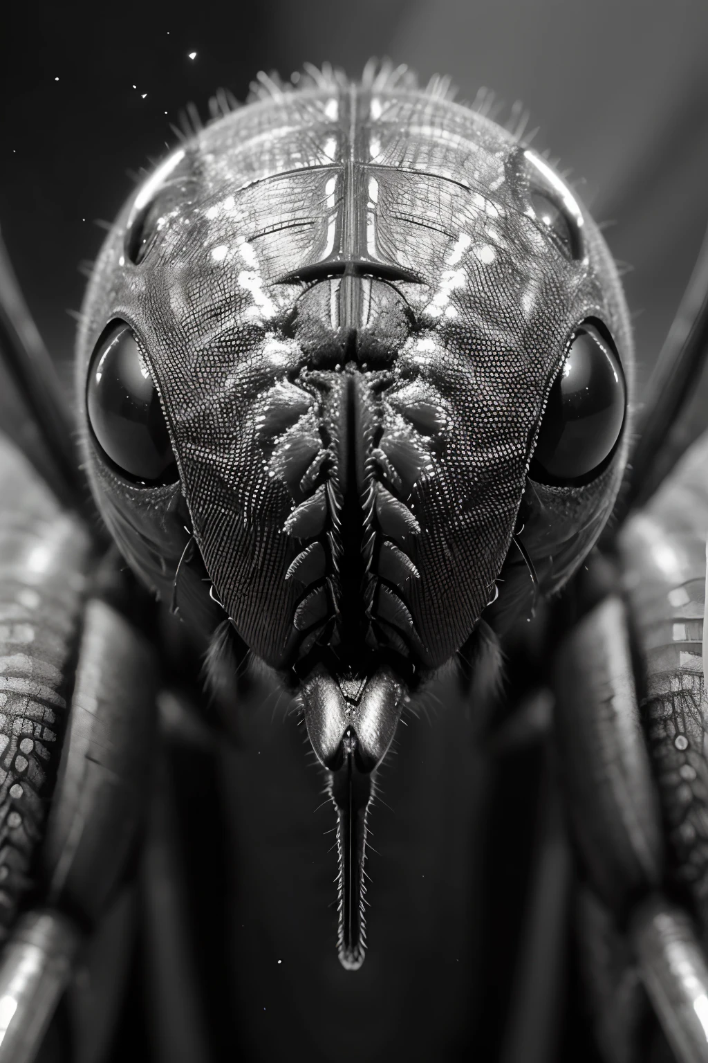 Ultra-detailed scanning electron microscope photo showcasing a mosquito's head, with focus on its compound eyes, antennae, and the fine structure of its sucker used for feeding.