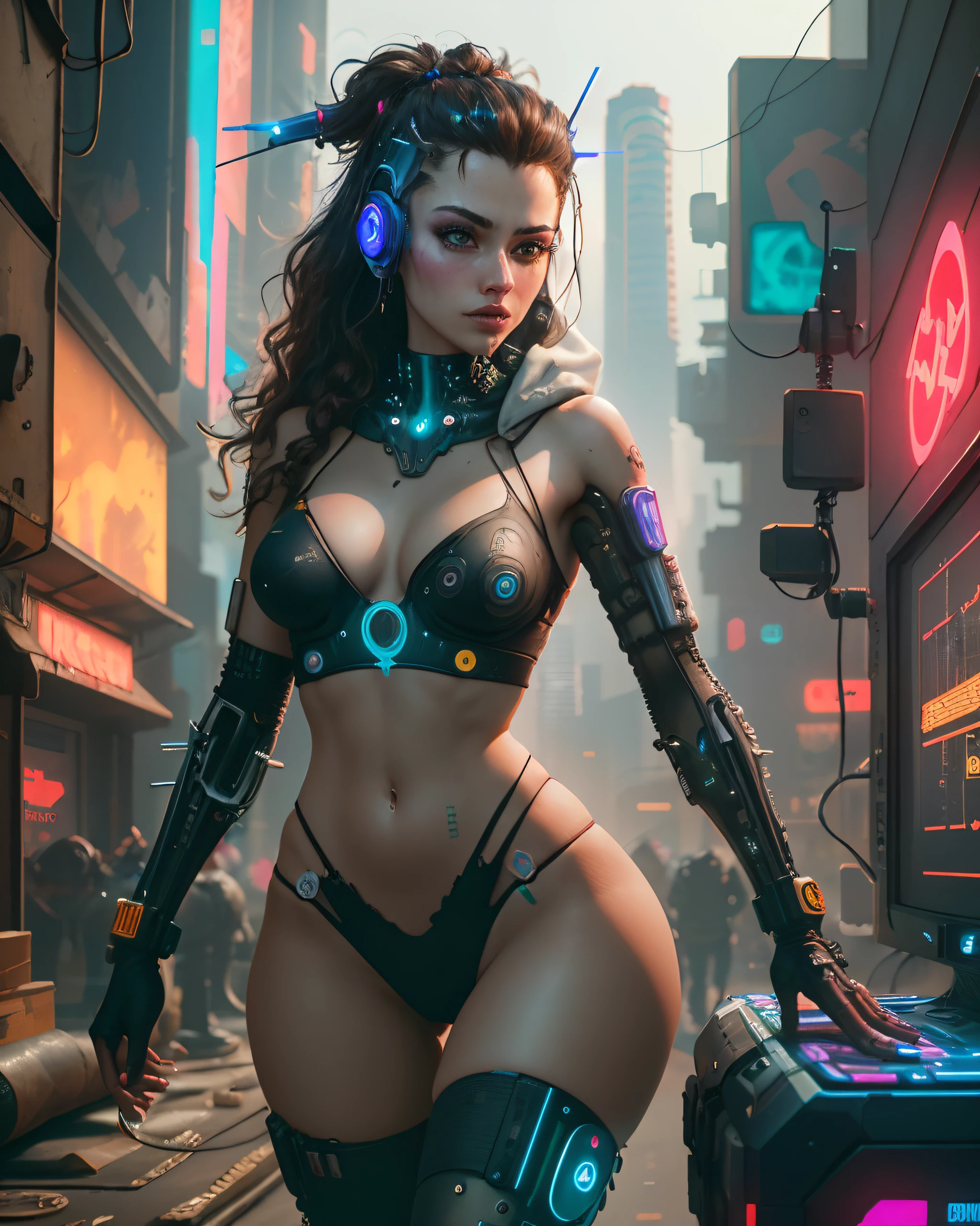 ((Best quality)), ((masterpiece)), (highly detailed:1.3), 3D, beautiful (cyberpunk:1.3) hacker woman with thick voluminous hair operating a computer terminal