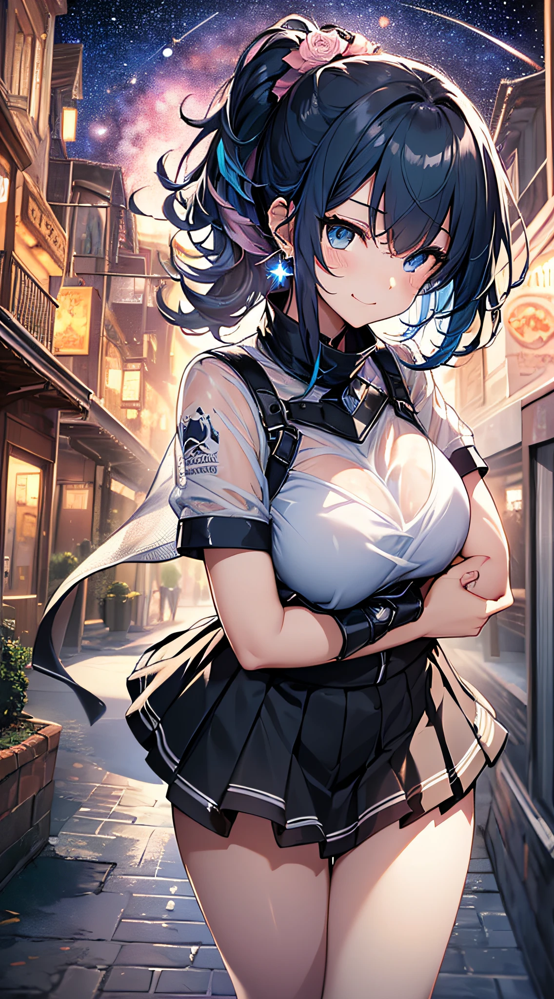 top-quality、Top image quality、​masterpiece、girl with((cute little、18year old、Best Bust、Medium bust、Bust 85,Beautiful blue eyes、Breasts wide open,Black Short Sleeve T-Shirt、White see-through、Black short skirt、Ponytail with black hair、Beautiful blue earrings、A slender、Blue hair mesh、、Leaning forward、Poses that emphasize breasts、close to viewer、Kamimei、A slight smil、Shy face、dye one's cheeks red、Zero distance to the viewer、hug)）hiquality、Beautiful Art、Background with((Planetarium Town、Beautiful starry sky、Illumination Town,Pink lighting)),masutepiece、Elaborate design、visualart、depth of fields、The best lighting、highestdetailed、8ｋ