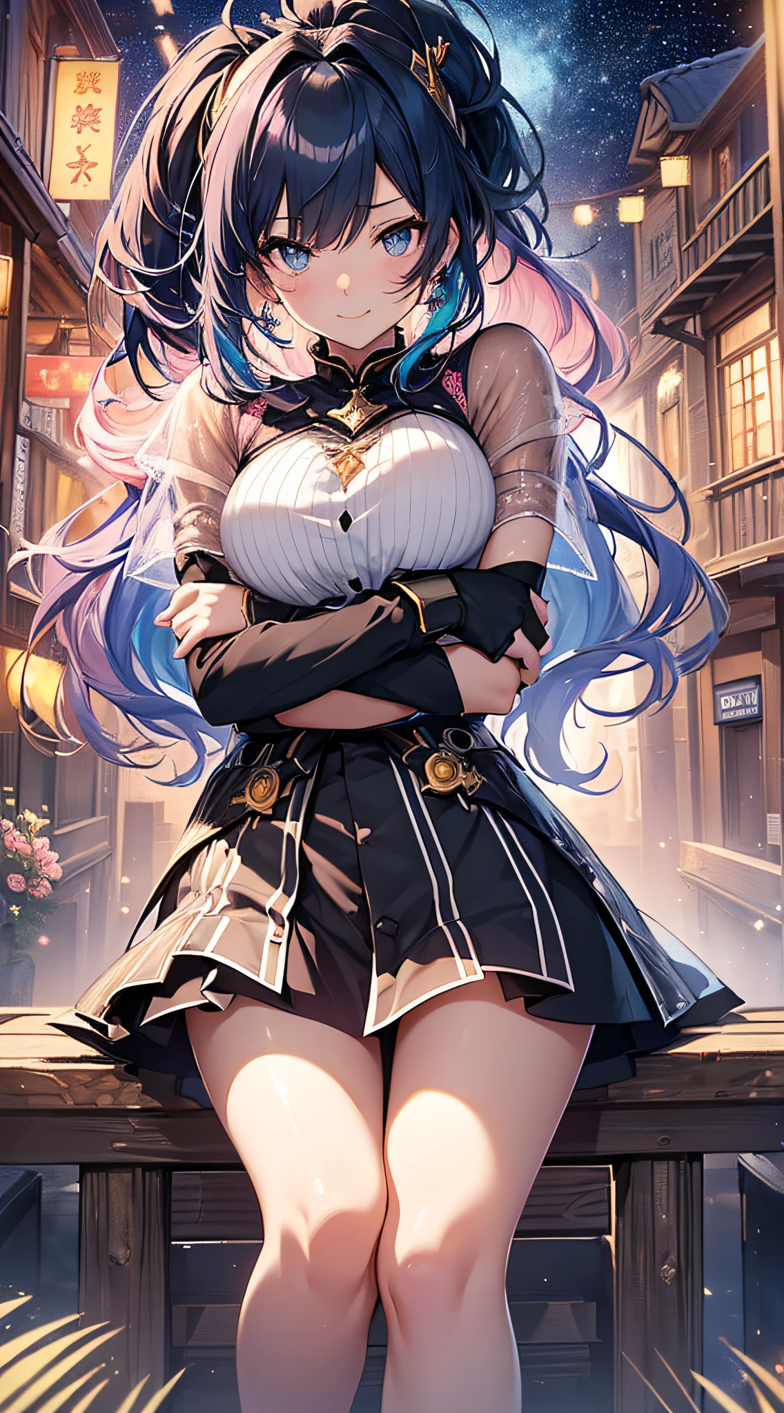 top-quality、Top image quality、masterpiece、girl with((cute little、18year old、Best Bust、Medium bust、Bust 85,Beautiful blue eyes、Breasts wide open,Black Short Sleeve T-Shirt、White see-through、Black short skirt、Ponytail with black hair、Beautiful blue earrings、A slender、Blue hair mesh、、Leaning forward、Poses that emphasize breasts、close to viewer、Kamimei、A slight smil、Shy face、dye one's cheeks red、Zero distance to the viewer、hug))hiquality、Beautiful Art、Background with((Planetarium Town、Beautiful starry sky、Illumination Town,Pink lighting)),masutepiece、Elaborate design、visualart、depth of fields、The best lighting、highestdetailed、8k