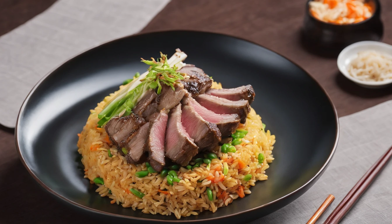 A photograph of a delicious and mouthwatering grilled lamb rice dish, Michelin,showcasing juicy and flavorful lamb with fragrant stir-fried rice layered on top. Placed on a beautifully crafted plate in a Chinese restaurant, enhanced by soft indoor lighting, creating a cozy dining ambiance. Balanced composition with vibrant colors.