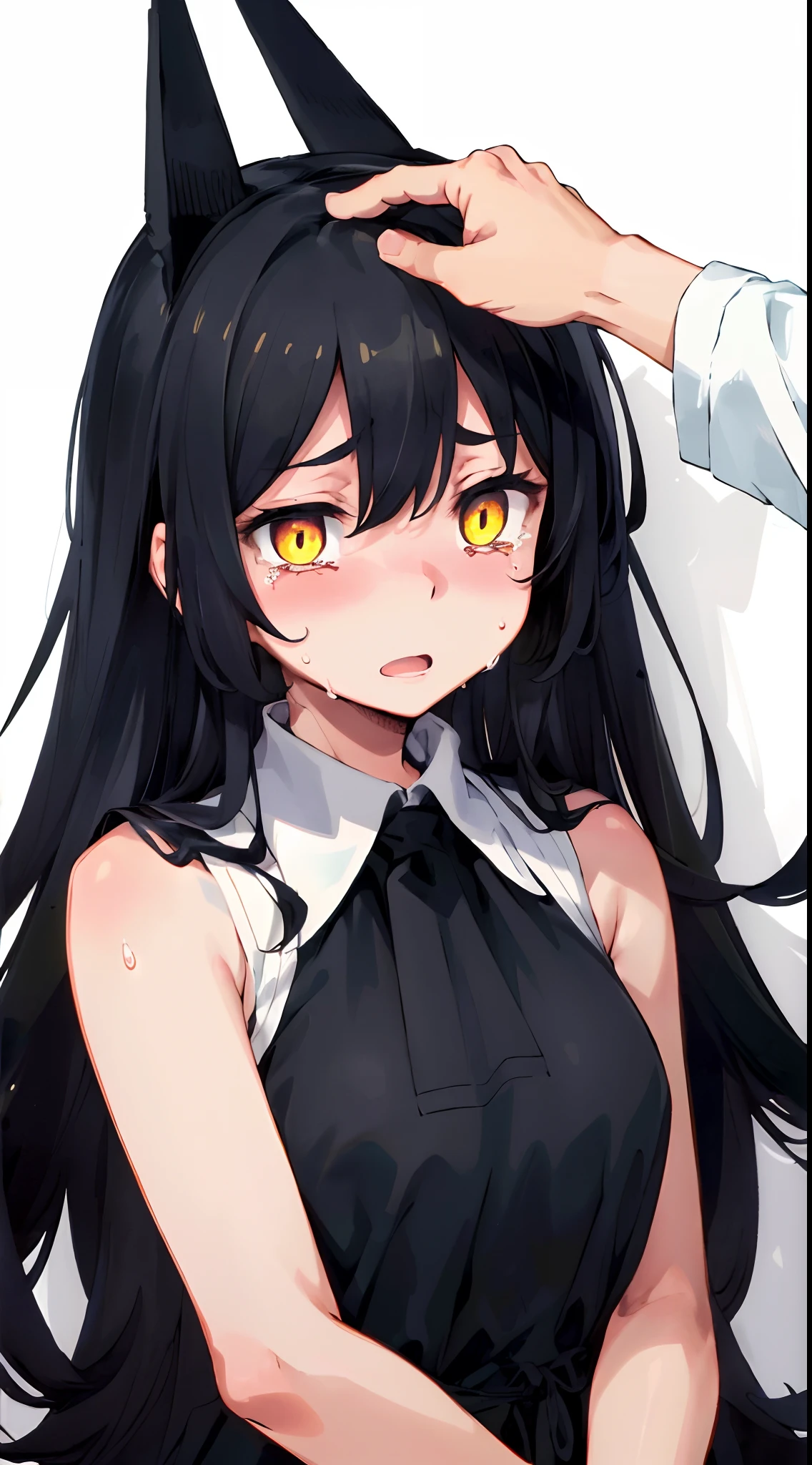 (mieruko:1.3), 1girl, scared, tears, sweat drips, yellow detailed eyes, long black hair, big eyes, (open mouth:0.1), detailed pupils, hdr shadows, ((elegant clothes, sleeveless)), ((upper body, headpat by a man)).