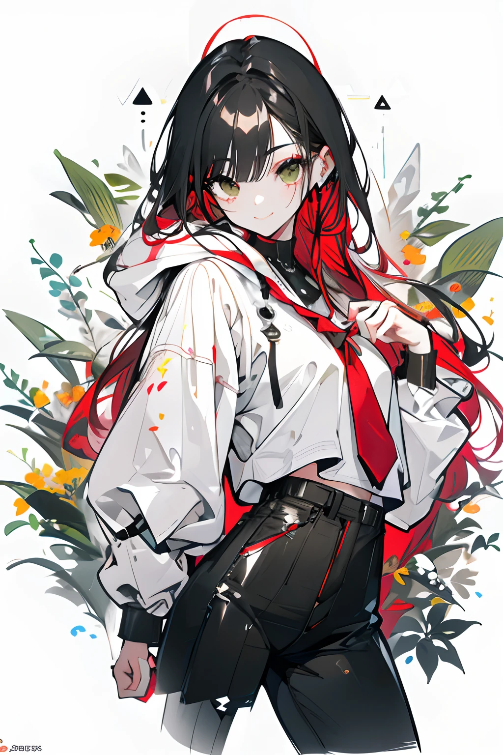 (White background:1.4),(Nature Illustration Spring:1.3,paper art:1.3, Quilted Paper Art:1.2),( Reasonable design, Clear lines, High Sharpness,Best Quality, Very detailed, masutepiece, Movie Light Effects, 4K )、(parka:1.2)、hooded sweatshirt、Long sleeve hoodie、(PastelColors:1.5)、(Cute illustration:1.5)、(watercolor paiting:1.2)、(1girl in:1.0)、White background、girl with、full body Esbian、Black and red motifs、Natural light、Cute, long、length hair, Black hair、Red bangs、Partial red hair、A dark-haired、(green colored eyes:1.0)、shortpants、full body Esbian, Fantasy, Detailed picture、A slight smil、Very cute、adolable、Howa Howa、A slight smil、The best smile