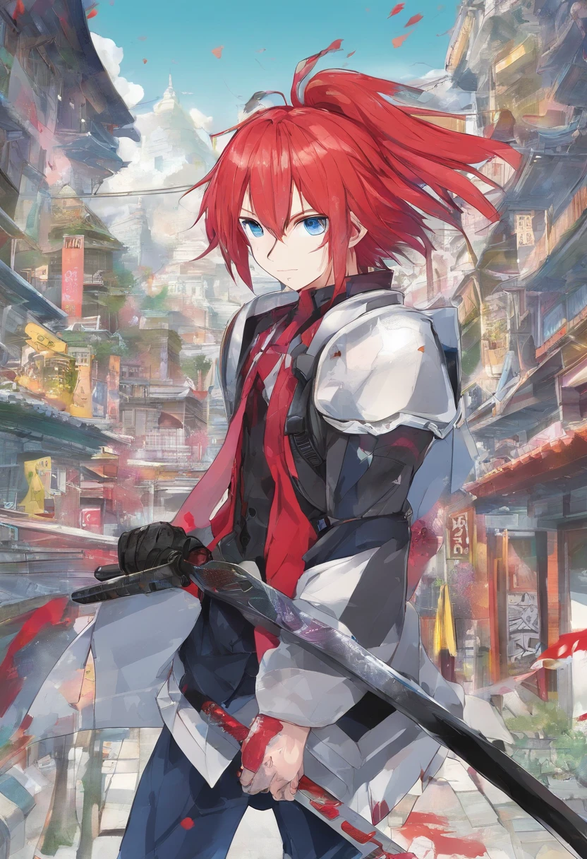 1 boy, wanostyle, (red hair), bright blue eyes, pointy ears, looking forwards, sword in hand pointed at camera, destroyed town in background, manga illustration, artsy, colorful, gritty, bloody, fully clothed, (closed checker pattern shirt), ((sharp eyes)), hero, sharp features, lanky, flat chin, long neck ((rigid hair)), (high quality)