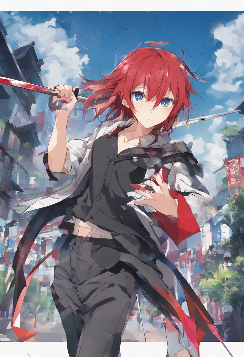 1 boy, wanostyle, (red hair), bright blue eyes, pointy ears, looking forwards, sword in hand pointed at camera, destroyed town in background, manga illustration, artsy, colorful, gritty, bloody, fully clothed, (closed checker pattern shirt), ((sharp eyes)), hero, sharp features, lanky, flat chin, long neck ((rigid hair)), (high quality)