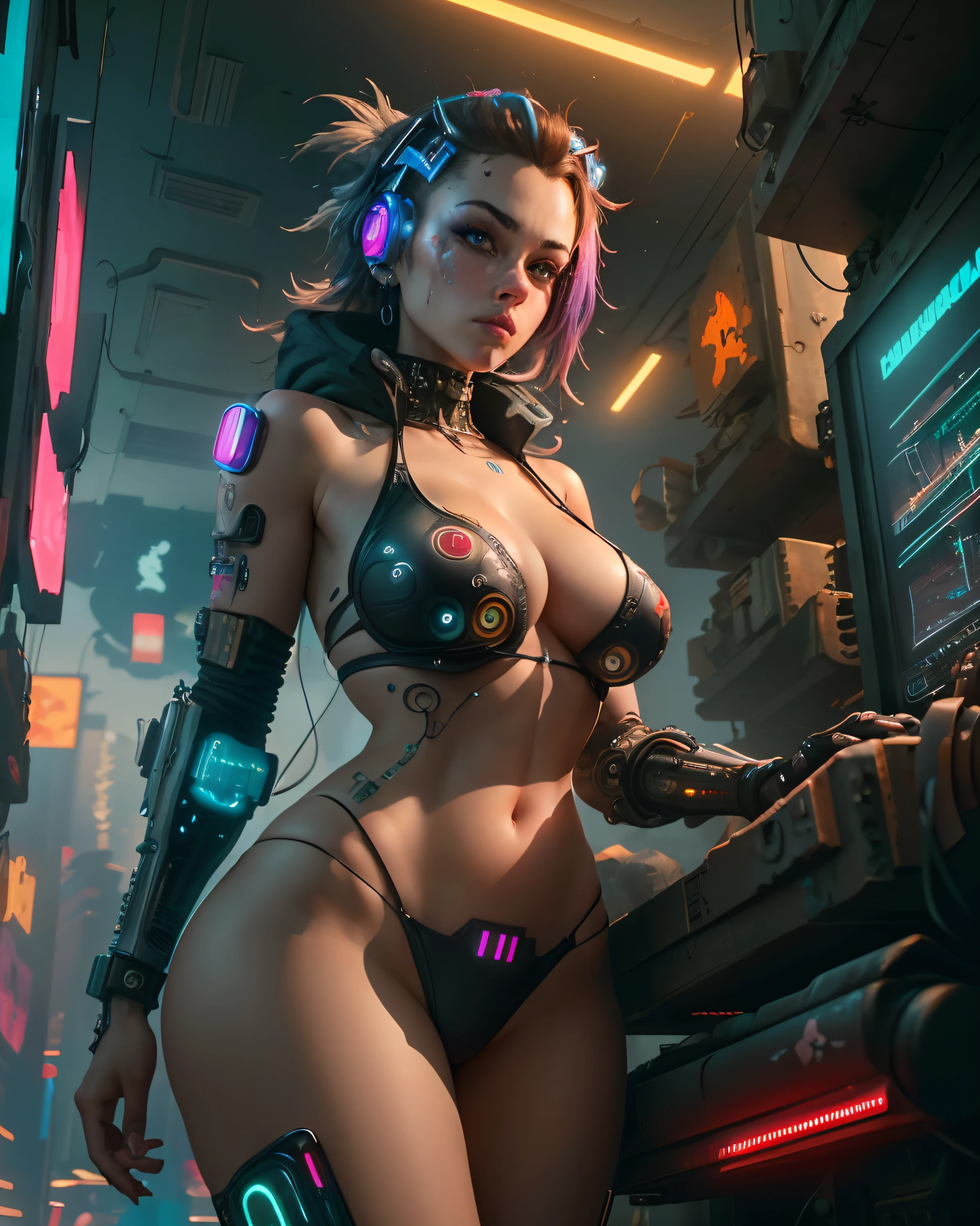 ((Best quality)), ((masterpiece)), (highly detailed:1.3), 3D, beautiful (cyberpunk:1.3) hacker woman with thick voluminous hair operating a computer terminal