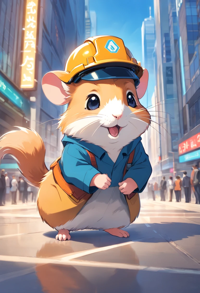 Happy hamster, Hold the instrument, Hard hat on the head, Trading on the stock exchange，frontage，Blue tooling，head portrait