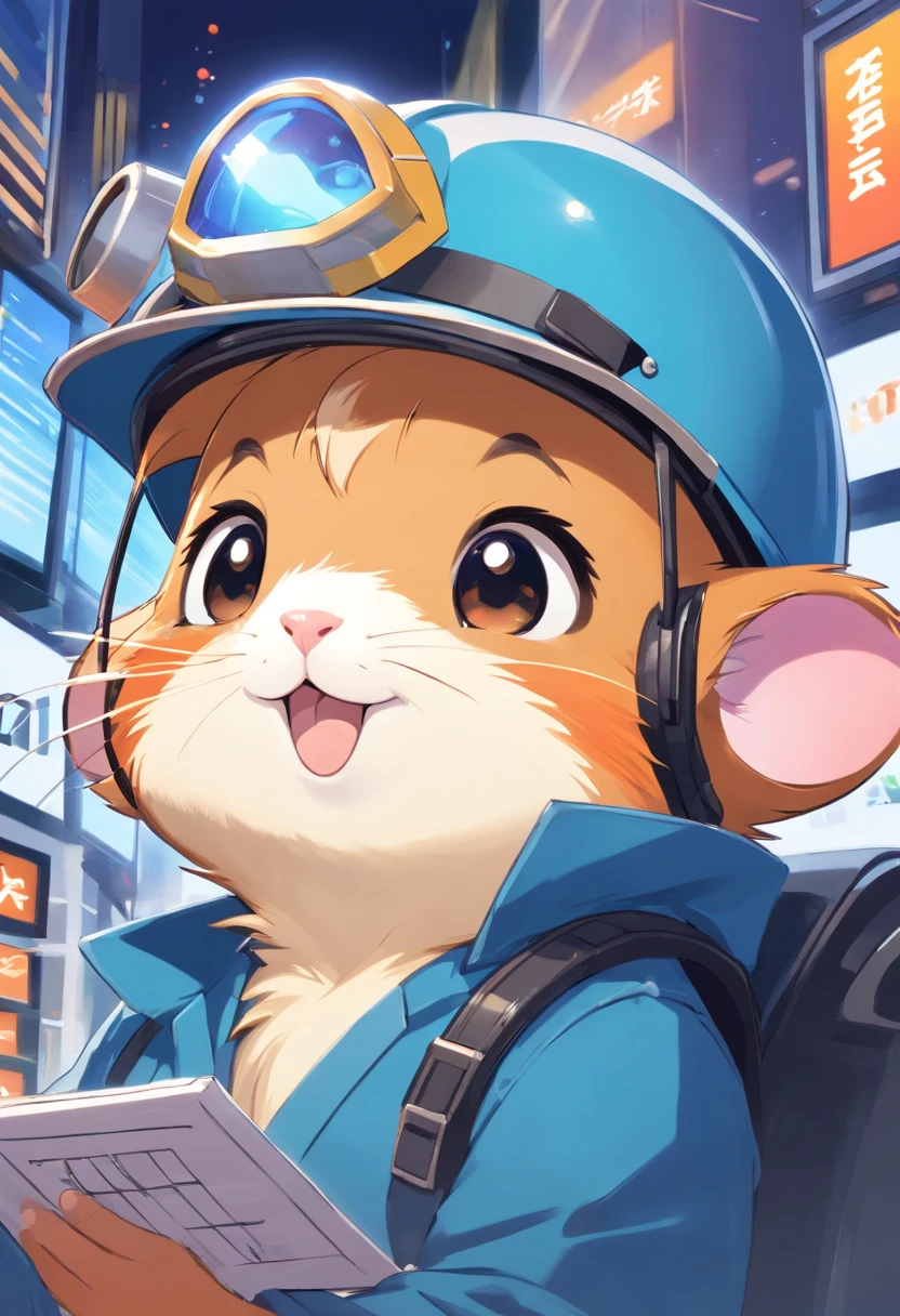 Happy hamster, Hold the instrument, Hard hat on the head, Trading on the stock exchange，frontage，Blue tooling，head portrait