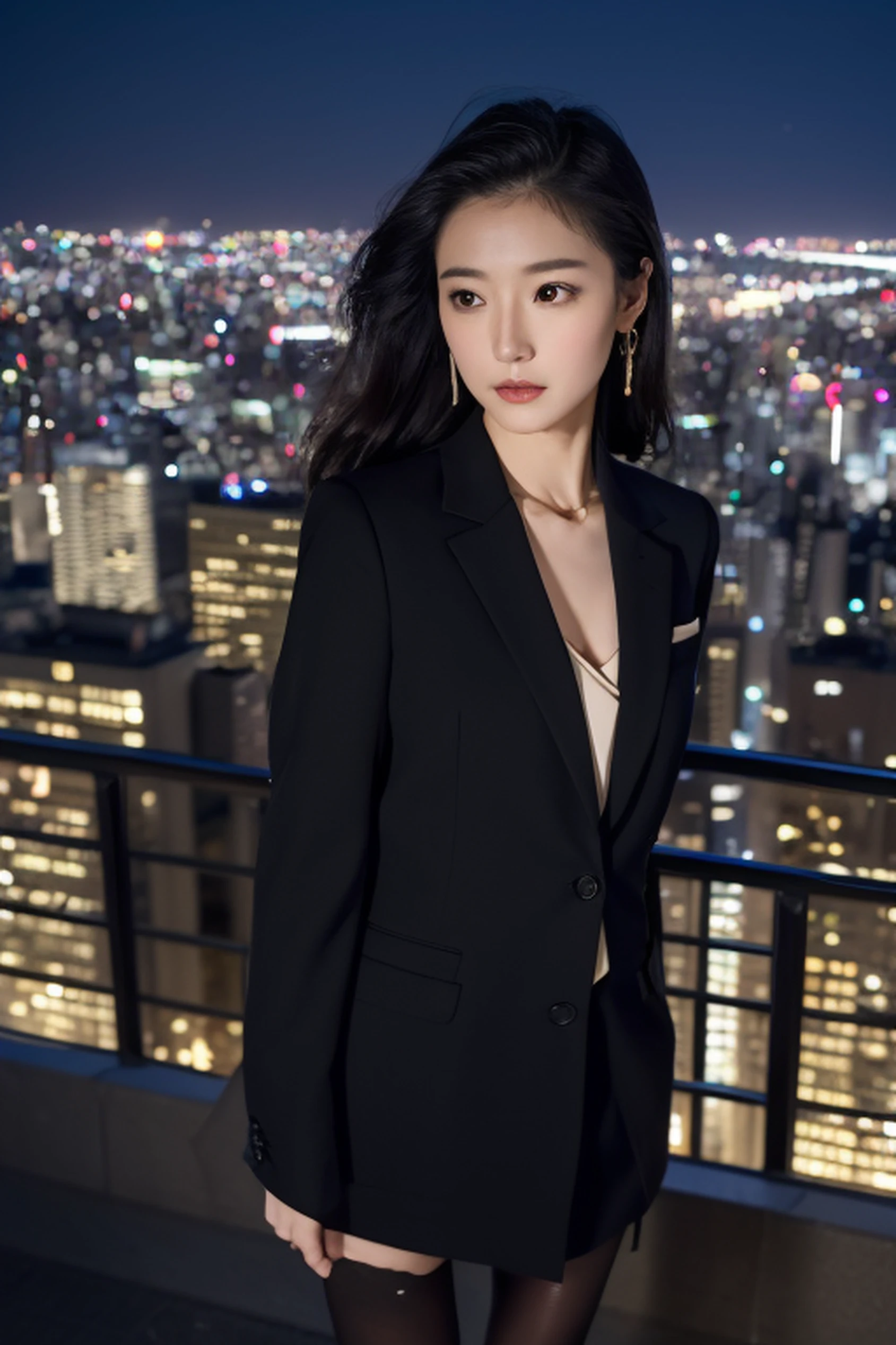 (masterpiece,Best Quality, in 8K, 32K, nffsw: 1.2), phot of a beautiful Japanese women, Long hair、 Farsight、A detailed face、Detailed night view of Tokyo、high-class sense、Adult Woman、Suit Beauty、Black tights、Walking