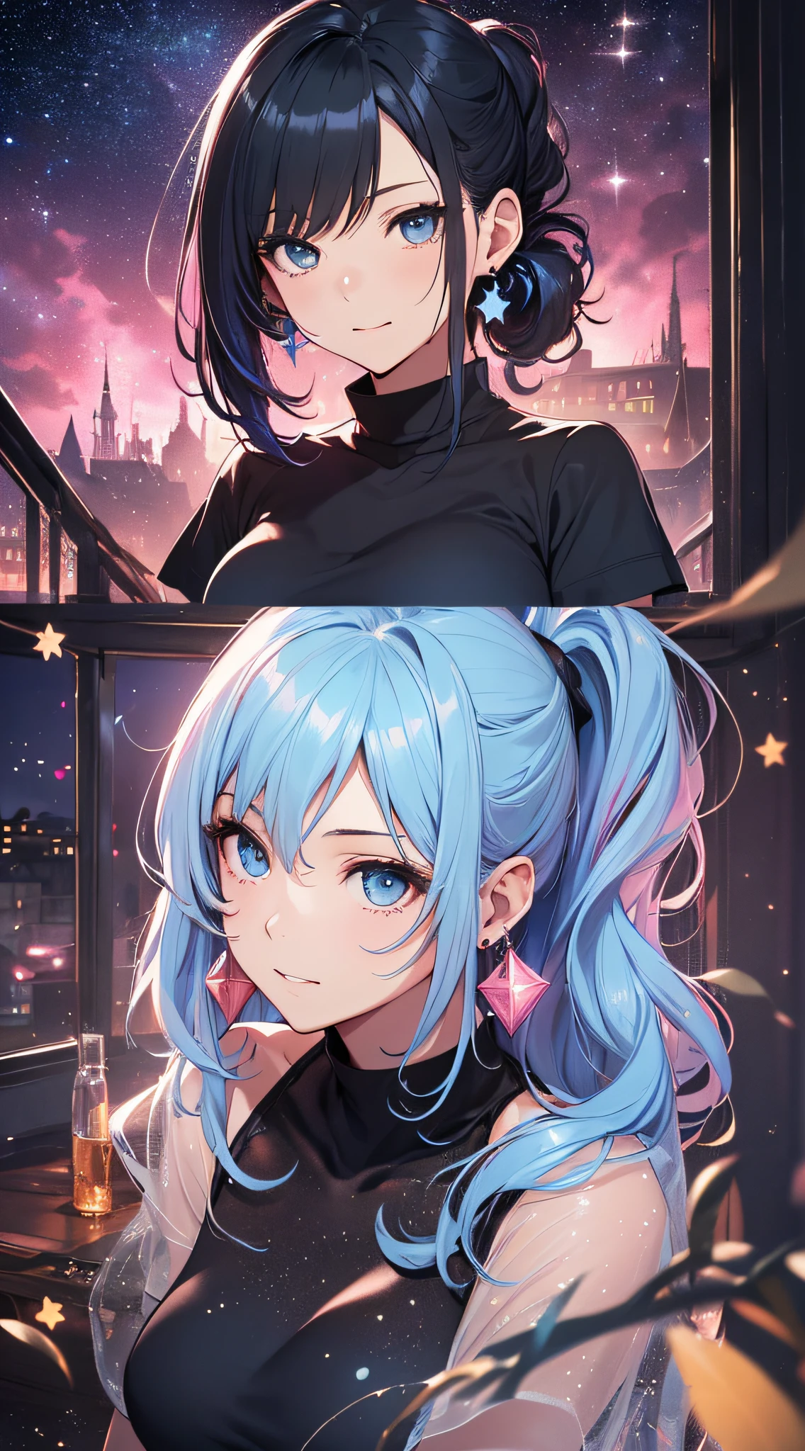 top-quality、Top image quality、​masterpiece、girl with((cute little、18year old、Best Bust、Medium bust、Bust 85,Beautiful blue eyes、Breasts wide open,Black Short Sleeve T-Shirt、White see-through、Black short skirt、Ponytail with black hair、Beautiful blue earrings、A slender、Blue hair mesh、、Leaning forward、Poses that emphasize breasts、close to viewer、Kamimei、A slight smil、Shy face、dye one's cheeks red、arms in arms)）hiquality、Beautiful Art、Background with((Planetarium Town、Beautiful starry sky、Illumination Town,Pink lighting)),masutepiece、Elaborate design、visualart、depth of fields、The best lighting、highestdetailed、8ｋ