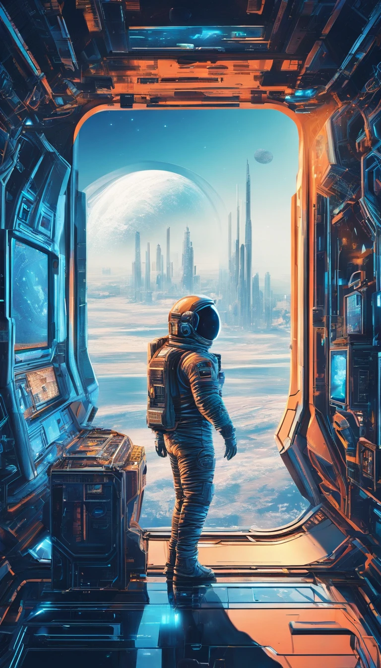 The astronaut looks out the spacecraft window,Large area of windows,Blue tones inside the spacecraft,neonlight,City view from the window