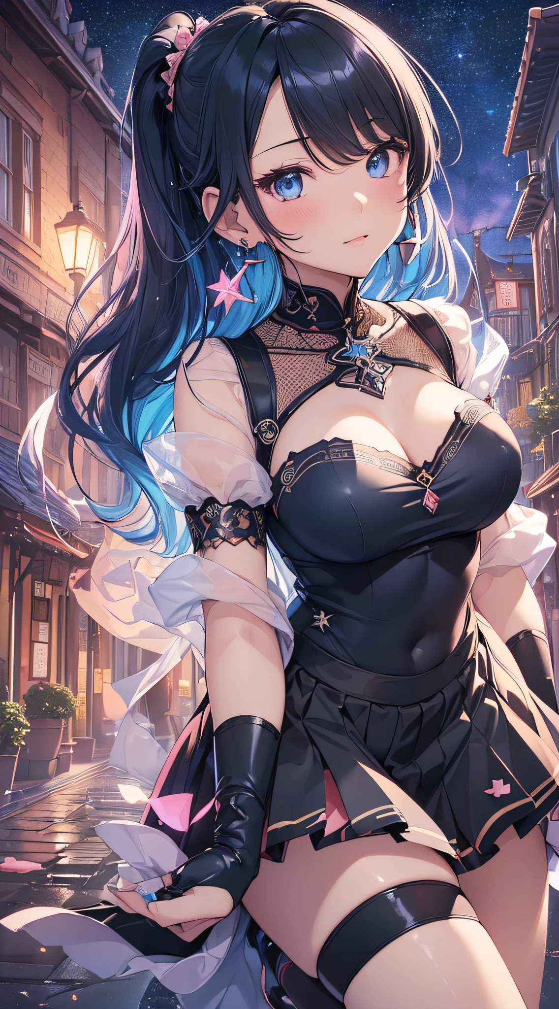 top-quality、Top image quality、masterpiece、girl with((cute little、18year old、Best Bust、Medium bust、Bust 85,Beautiful blue eyes、Breasts wide open,Black Short Sleeve T-Shirt、White see-through、Black short skirt、Ponytail with black hair、Beautiful blue earrings、A slender、Blue hair mesh、、Leaning forward、Poses that emphasize breasts、close to viewer、Kamimei、A slight smil、Shy face、dye one's cheeks red、arms in arms))hiquality、Beautiful Art、Background with((Planetarium Town、Beautiful starry sky、Illumination Town,Pink lighting)),masutepiece、Elaborate design、visualart、depth of fields、The best lighting、highestdetailed、8k