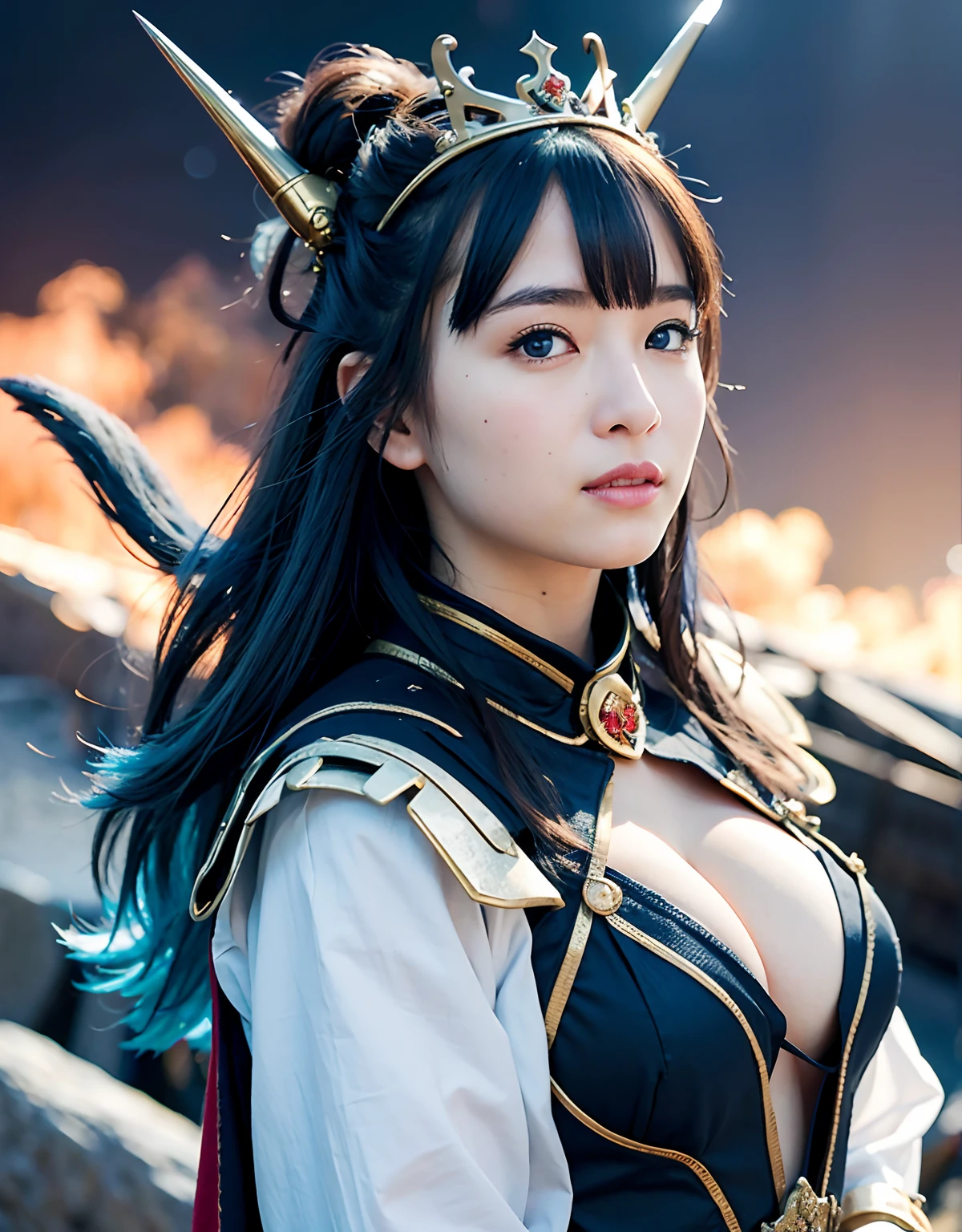 Professional , ​masterpiece、top-quality、photos realistic , 、top-quality、超A high resolution、(Photorealsitic:1.4)、Raw photo、depth of fields （Gemstone Gold Metal Body:1.9),(Matte White、Toostock、cleavage of the breast、（cleavage of the breast）、（Detailed Dragon Armor）、（Have the strongest weapon）、（(Random Hairstyles 1.6),Dark Fantasy,）explosions、intense fighting、（Precipitous cliffs),Dragon Gold Weapon,Mystical expression、Particles of light、Fight dragons、（Detailed Dragon Helmet),Gorgeous Silver Weapons ,（（ Dragon's dense and gorgeous sword）） , Beautiful knife   ,warhammer 40k ,Detail and gorgeous crown、（（Blue hair））、（Castle background）、、（（Gangle's forest background））、Beautiful Caucasian beauty、１a person、dynamic ungle,((()))、Smaller head、A smile、Castle background、Thin and beautiful female hands、cleavage of the breast、Soldier in iron armor on background、Mystical expression、Light Effects、intense fighting、Wind-effect、magic circles、With the legendary magic wand、（demonic wings）、Toostock、